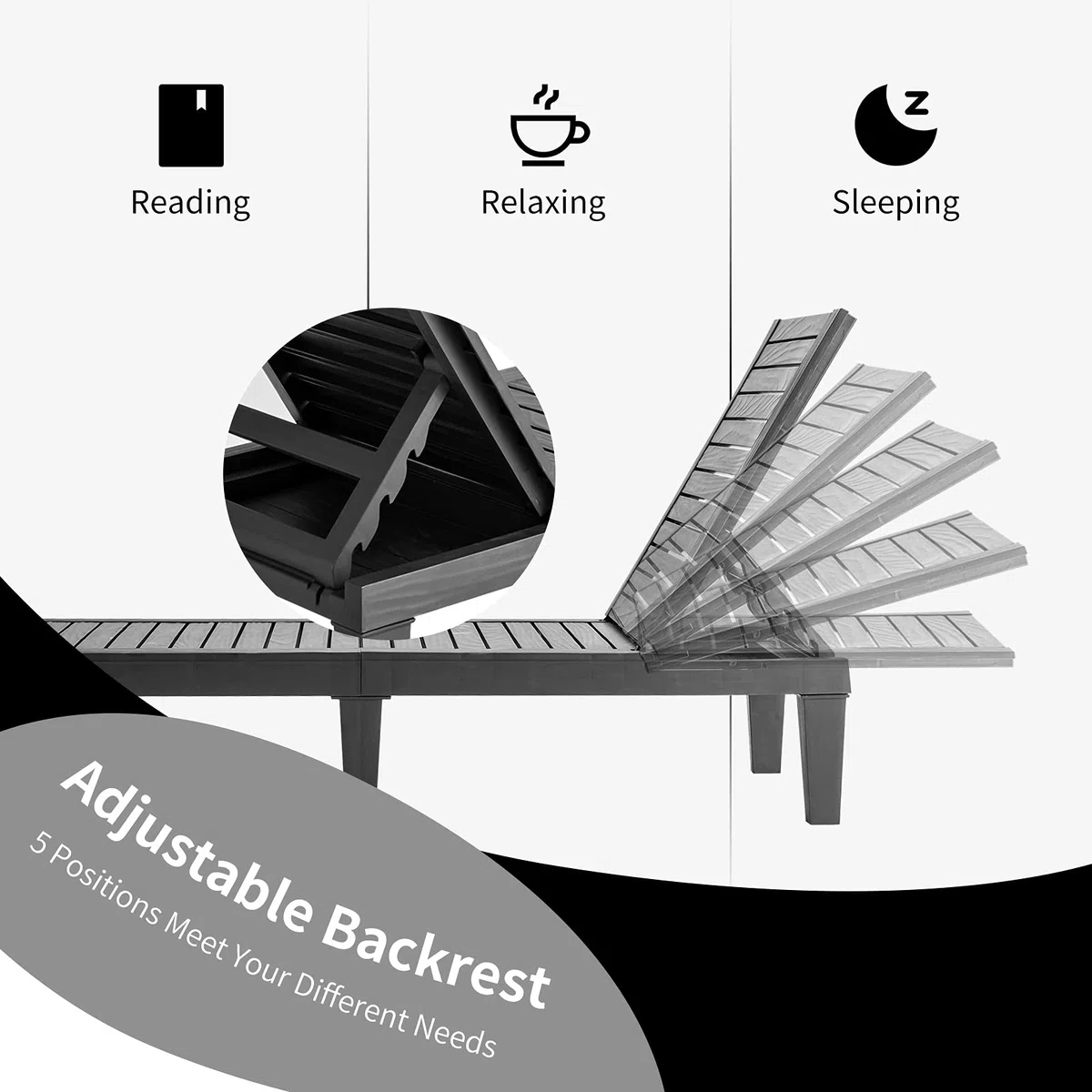 GIANTEX Tumbona de Jardín Exterior con Respaldo Ajustable en 5 Posiciones, Tumbona Reclinable de PP con Acabado Efecto Madera, Carga 180 kg, para Playa, Balcón, Terraza, Piscina (1, Negro)