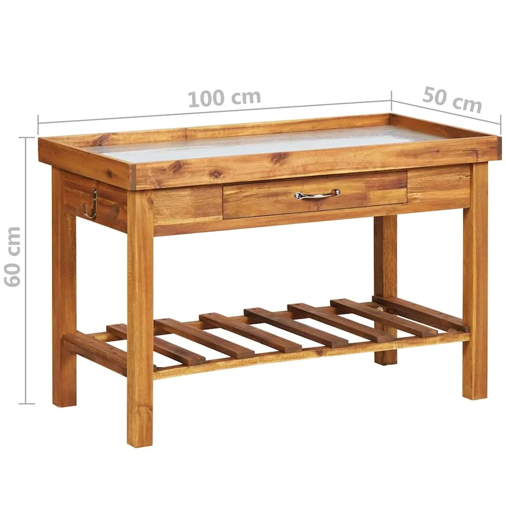 vidaXL Mesa de Cultivo de Jardín Tablero de Zinc Macetas con Estante Guardar Tierra Herramientas Usos Decorativos Madera Maciza de Acacia