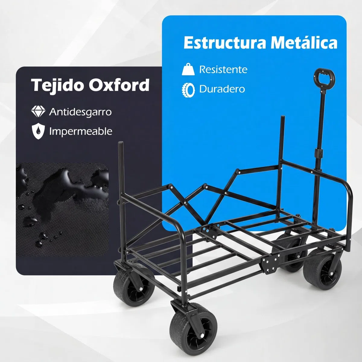 COSTWAY 2 en 1 Banco y Carro Plegable con Ruedas Grandes, Carro Playa, Jardín con Asa Ajustable, Cojines y Ruedas, para Transporte, Camping, Playa y Compras, Carga 80kg, 96x59x75-106 cm (Negro)