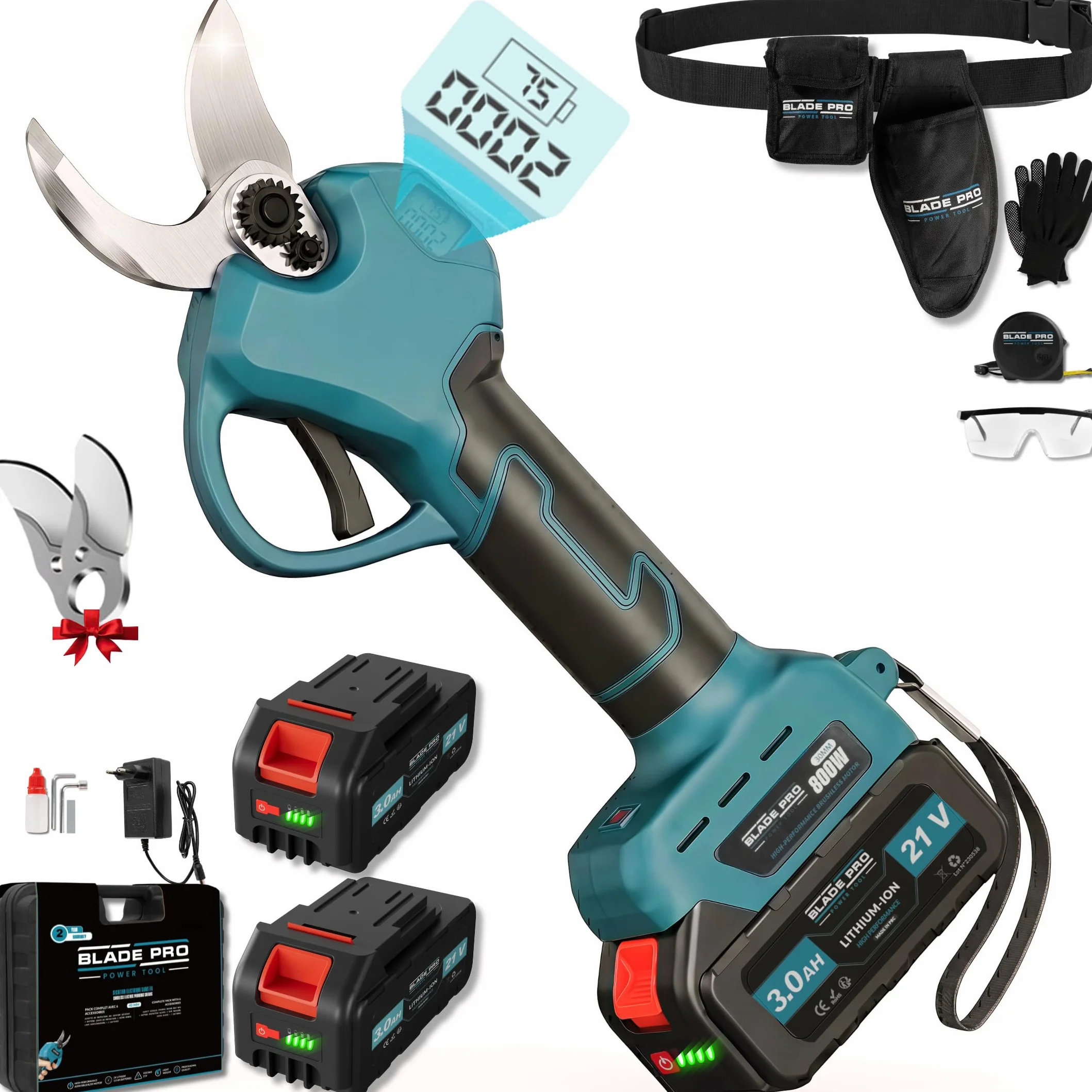 Tijeras de Podar a Batería 6000mAh Brushless hasta 40mm — Tijeras Eléctricas Profesionales — 2 Baterías 21V — Cuchilla SK5 — Kit Completo 10 Piezas BLADEPRO