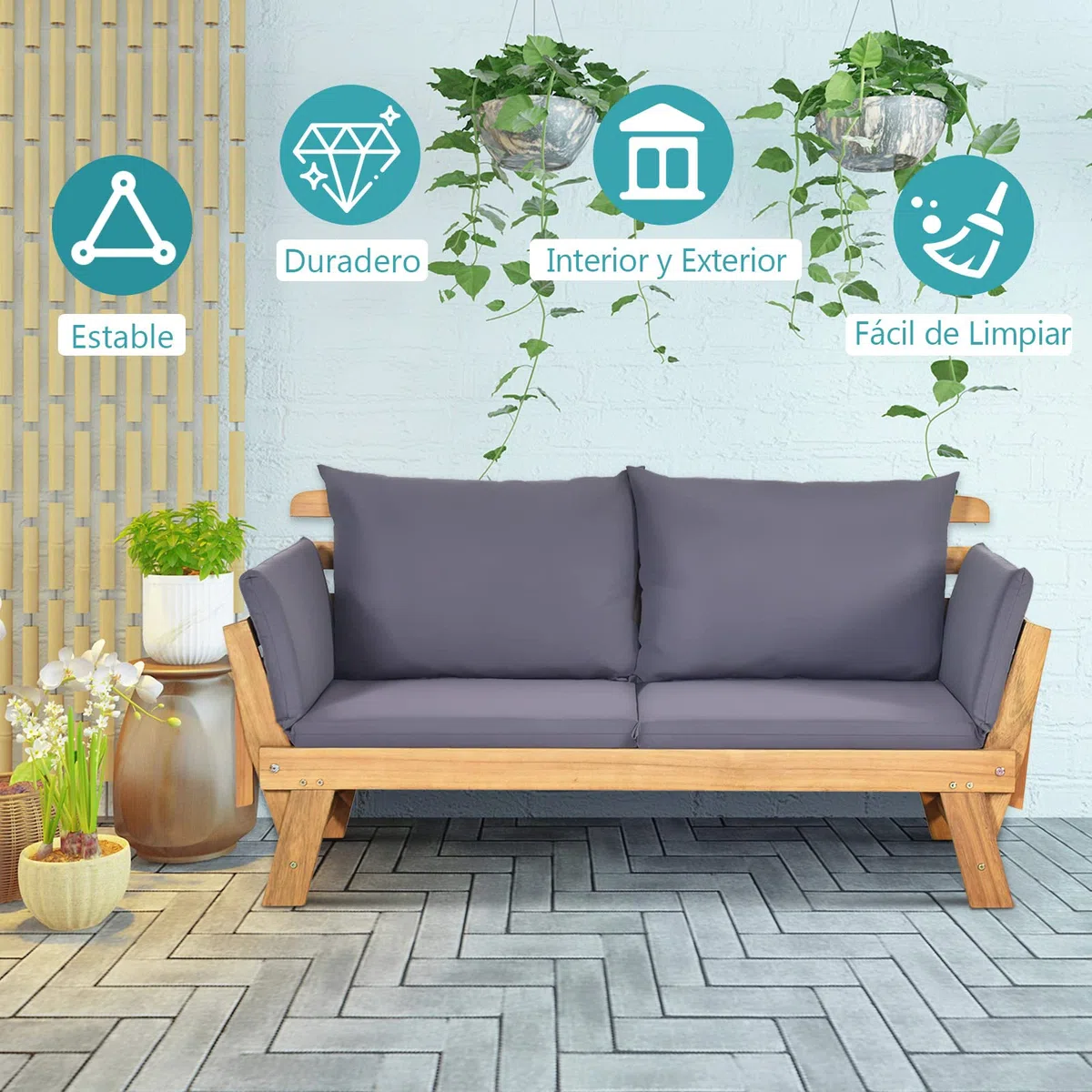 COSTWAY 3 en 1 Sofa Cama de Jardín, Banco de Jardín de 2 Plazas Convertible con 2 Almohadas y Cojin Extraible y Lavable, Reposabrazos Ajustables, Sofa Jardin de Madera Acacia para Patio, Máx 320 kg
