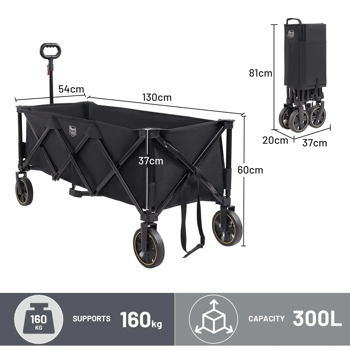 Timber Ridge XXXL Carro Plegable 300L 160KG con Freno Redes anticaída Carro de Transporte Bolsillo Lateral Portabebidas, Asa Ajustable, Carro de jardín, Carro de Playa para Todos los terrenos