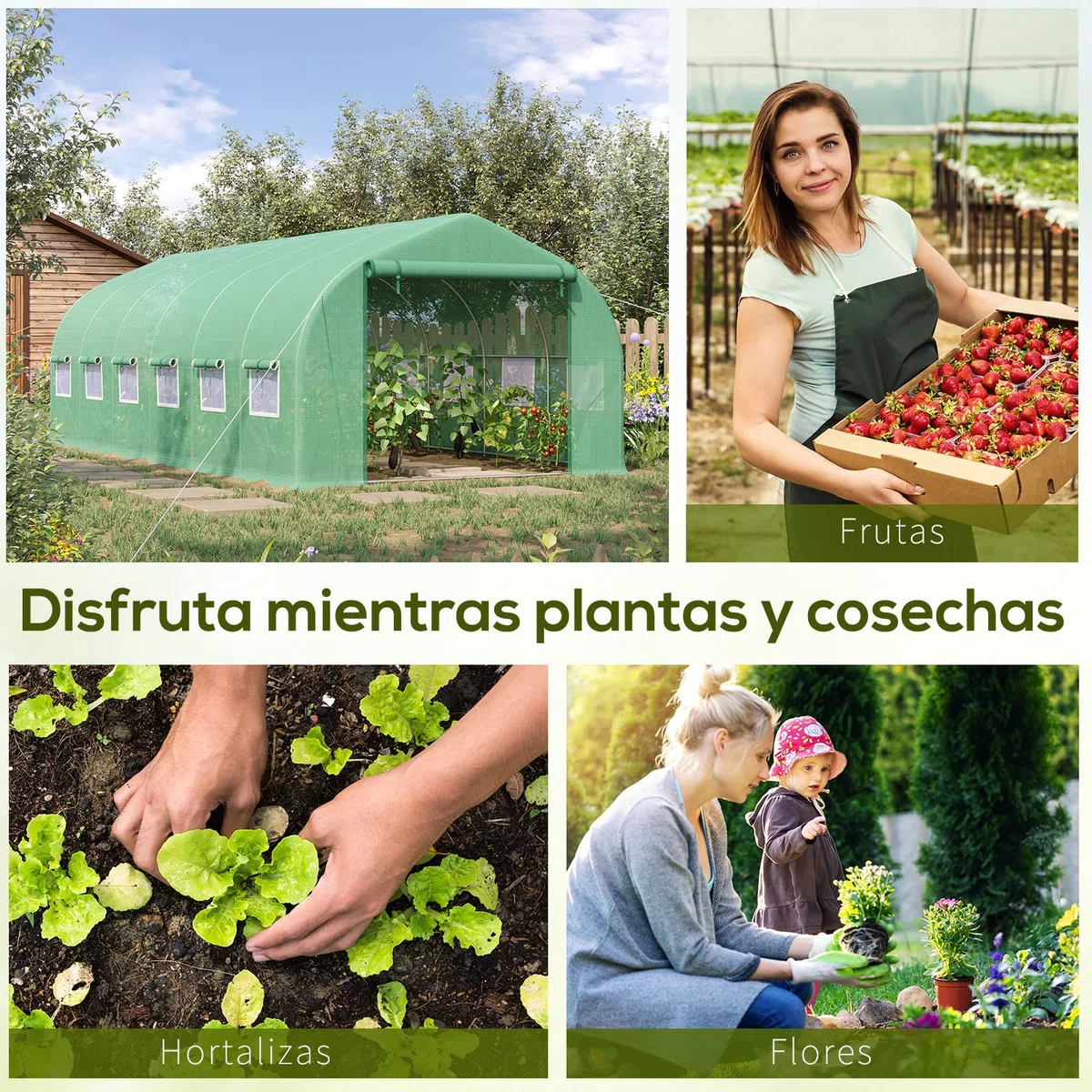 Outsunny Invernadero de Exterior Invernadero de Túnel 6x3x2 m Invernadero de Jardín Grande con 12 Ventanas y Puerta Enrollable con Cremallera Macro de Metal para Cultivo Plantas Verde
