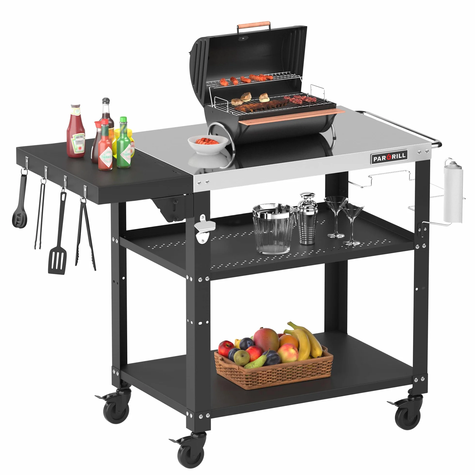 PARGRILL Carro de Barbacoa de Acero Inoxidable LFGB con 3 Niveles, Carrito de Comedor con Mesa Lateral Plegable, Ruedas de 360° con Freno, Capacidad de 88 kg, Ideal para Cocinas, Barbacoas, Fiestas