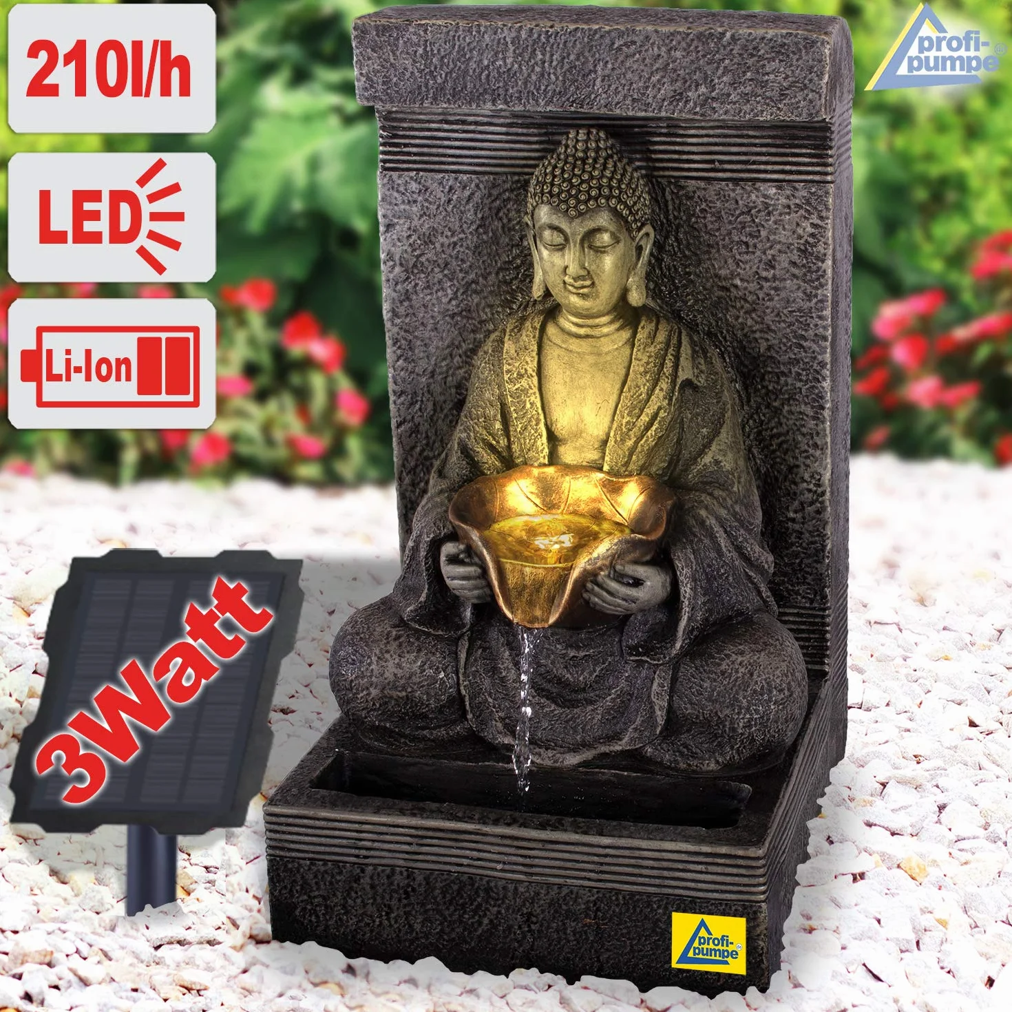 Fuente para Jardin Fuente de Agua Fuente de Tranquilidad Buda Fuente con iluminacion para Jardin, terraza, Balcon con Bomba, iluminacion Solar, bateria de Iones de Litio y luz LED