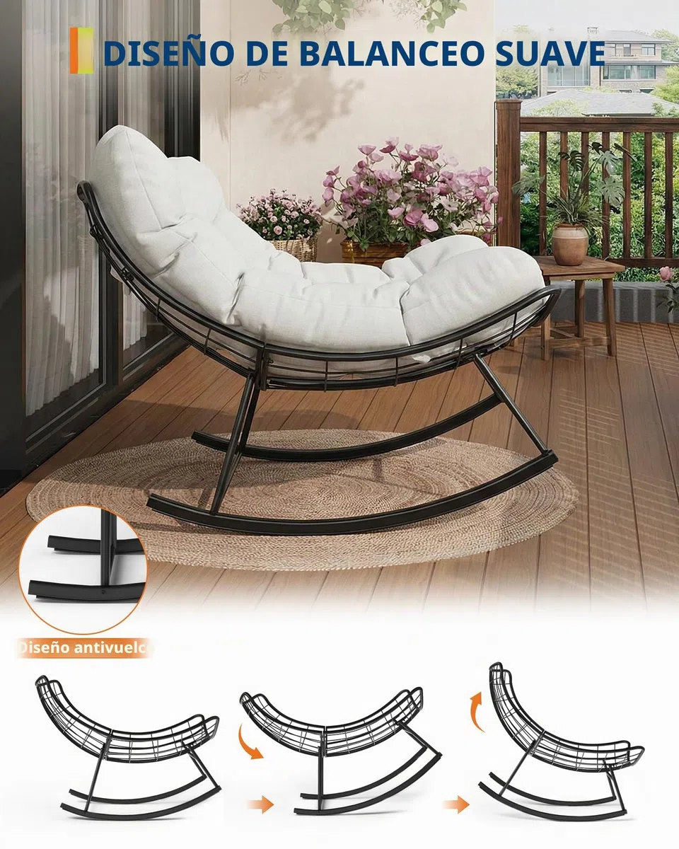 GarveeHome Mecedora de Gran tamaño, con cojín Grueso y Marco de Metal, sillón Relax para Piscina, jardín y Patio Trasero, Capacidad de Carga