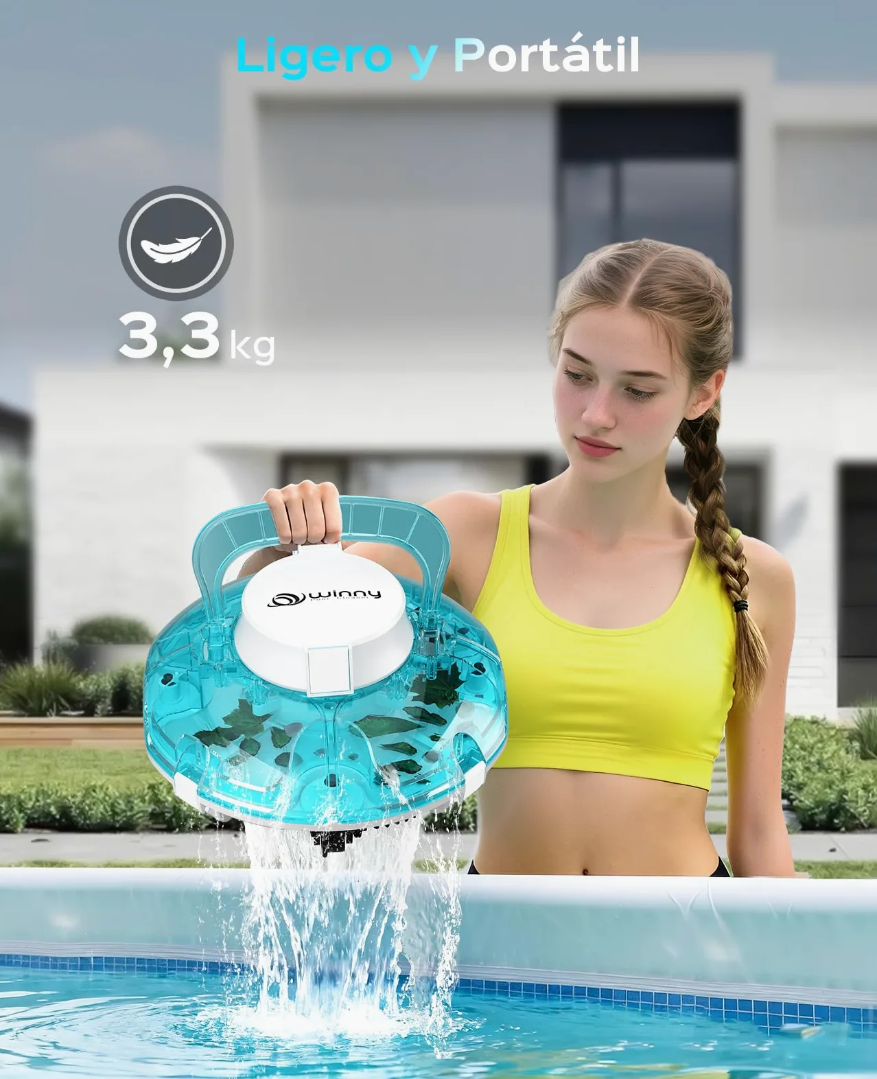 WINNY POOL CLEANER Winny 200P Limpiafondos Piscina, Inalámbrico Robot Limpiafondos Piscina, 80Min Autonomía, Piscinas Desmontables 60m², Doble Filtración,Estacionamiento Auto(Azul-Blanco)