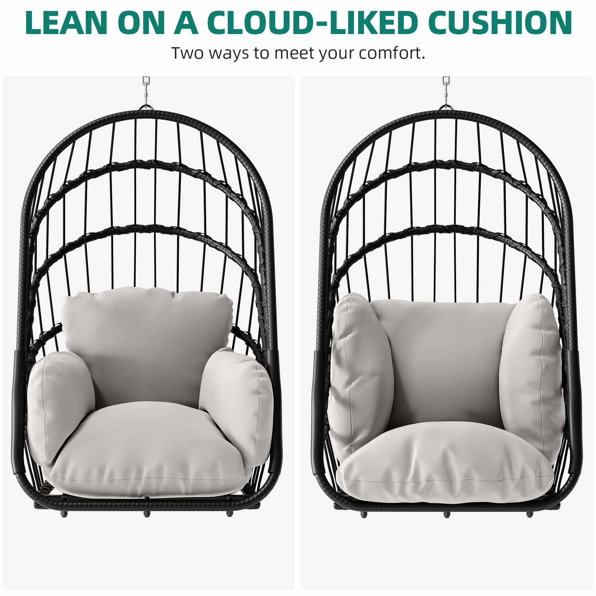 YITAHOME Hamaca colgante sin estructura, mecedora de ratán con cojín lavable, capacidad de carga de 160 kg, silla colgante plegable para terraza, jardín, dormitorio y balcón, color gris