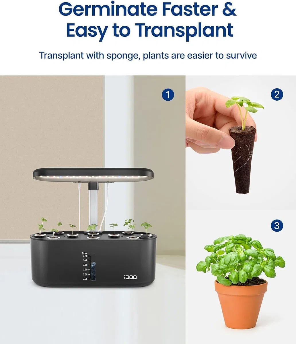 iDOO Sistemas de Cultivo Hidropónico, Temporizador Automático, Lámpara LED para Plantas, 10 Pods, Jardín de Hierba para Interior, Juego de Germinación de Jardín, Altura Ajustable