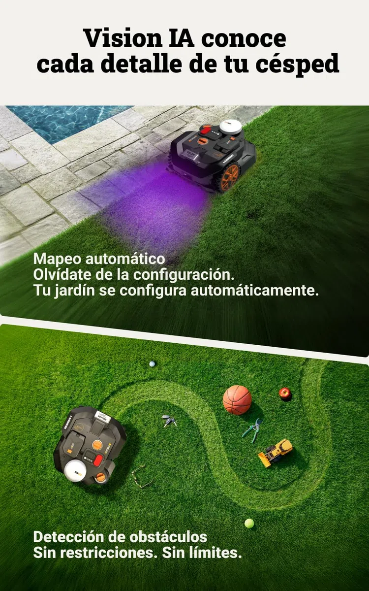 Worx Landroid Vision Cloud WR306E 2WD Robot Cortacésped, Sin Cable Perimetral, hasta 500 m², Evitación de Obstáculos con IA, Navegación VSLAM + RTK Cloud, Mapeo Automático, Control por App