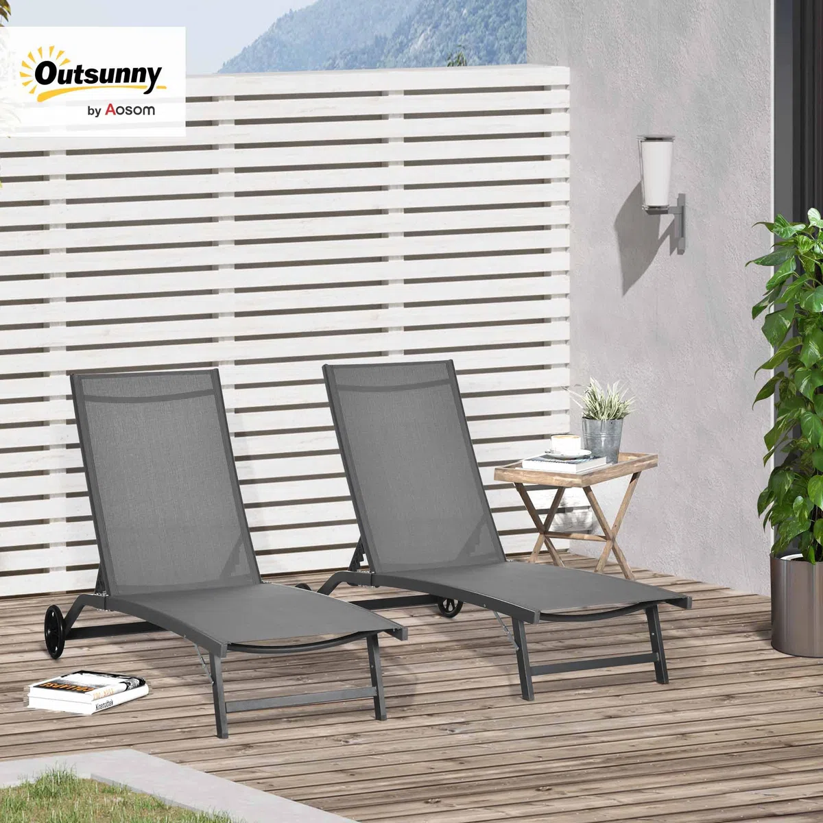 Outsunny Pack de 2 Tumbonas de Jardín Exterior Tumbonas Reclinables de Aluminio con Respaldo Ajustable de 5 Niveles y Ruedas para Playa Piscina 165x66x102 cm Gris Oscuro