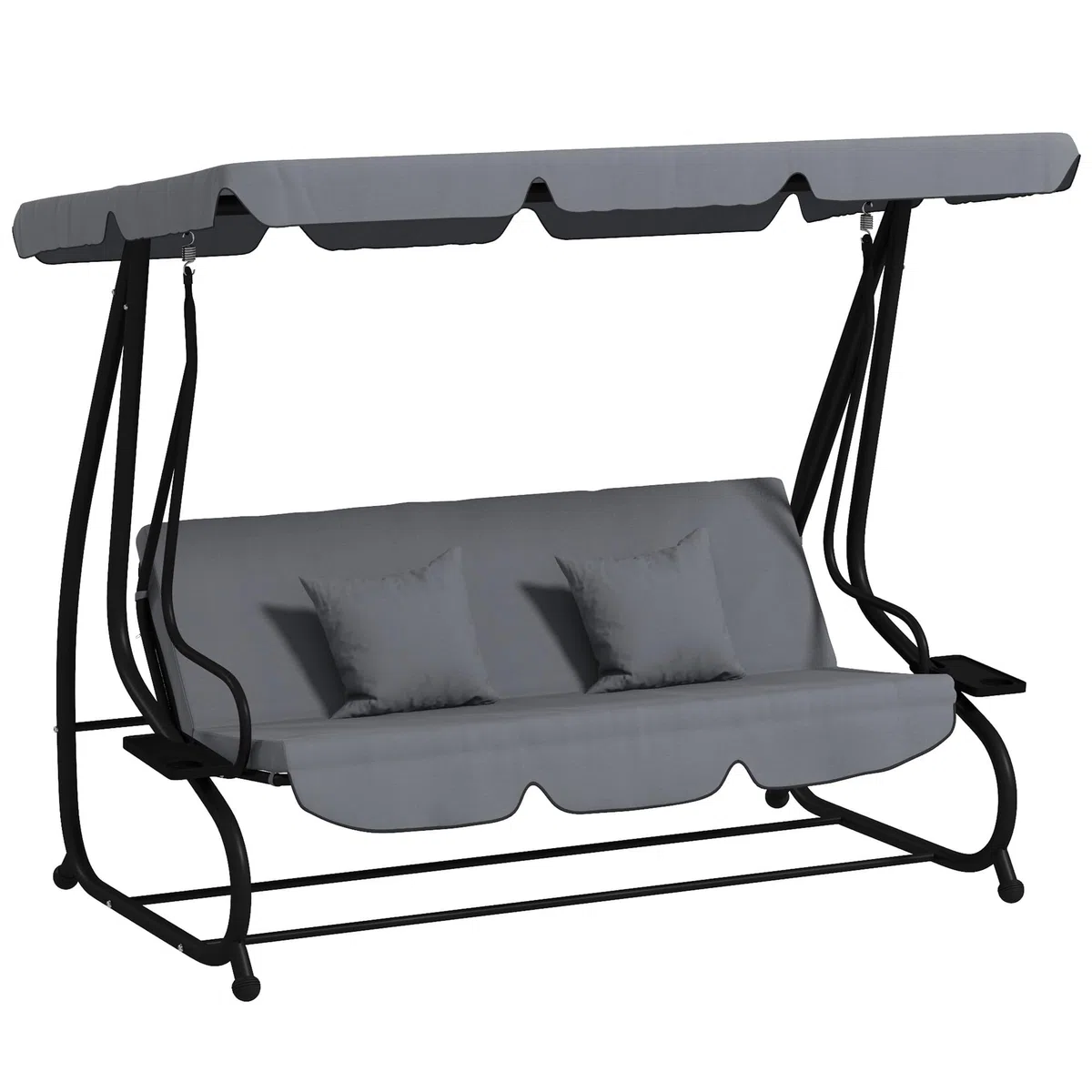 Outsunny 3 Asientos Convertible Jardín Columpio Techo Ajustable Inclinación 2 Estantes Soporte 2L x 1.2l x 1.64H m epoxi Metal Negro Poliéster Gris Oscuro