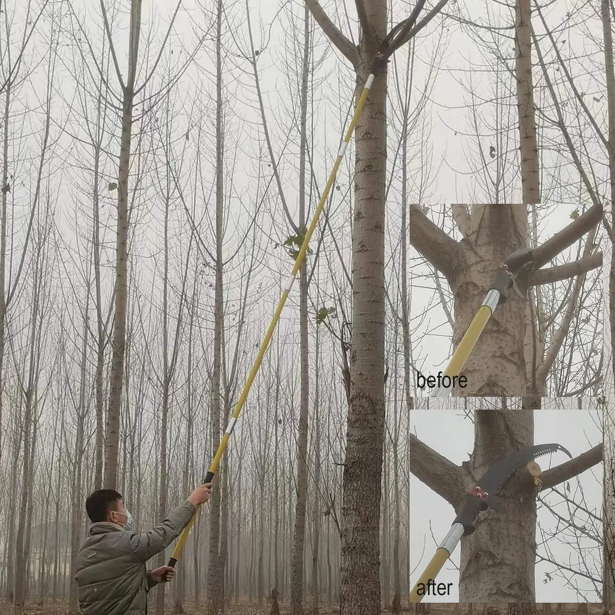 Sierra de podar para árboles de 9 m, sierra manual de resorte mejorada para herramientas de jardín, podadoras, sierras de poste de mano, altura extensible y bolsillo de almacenamiento
