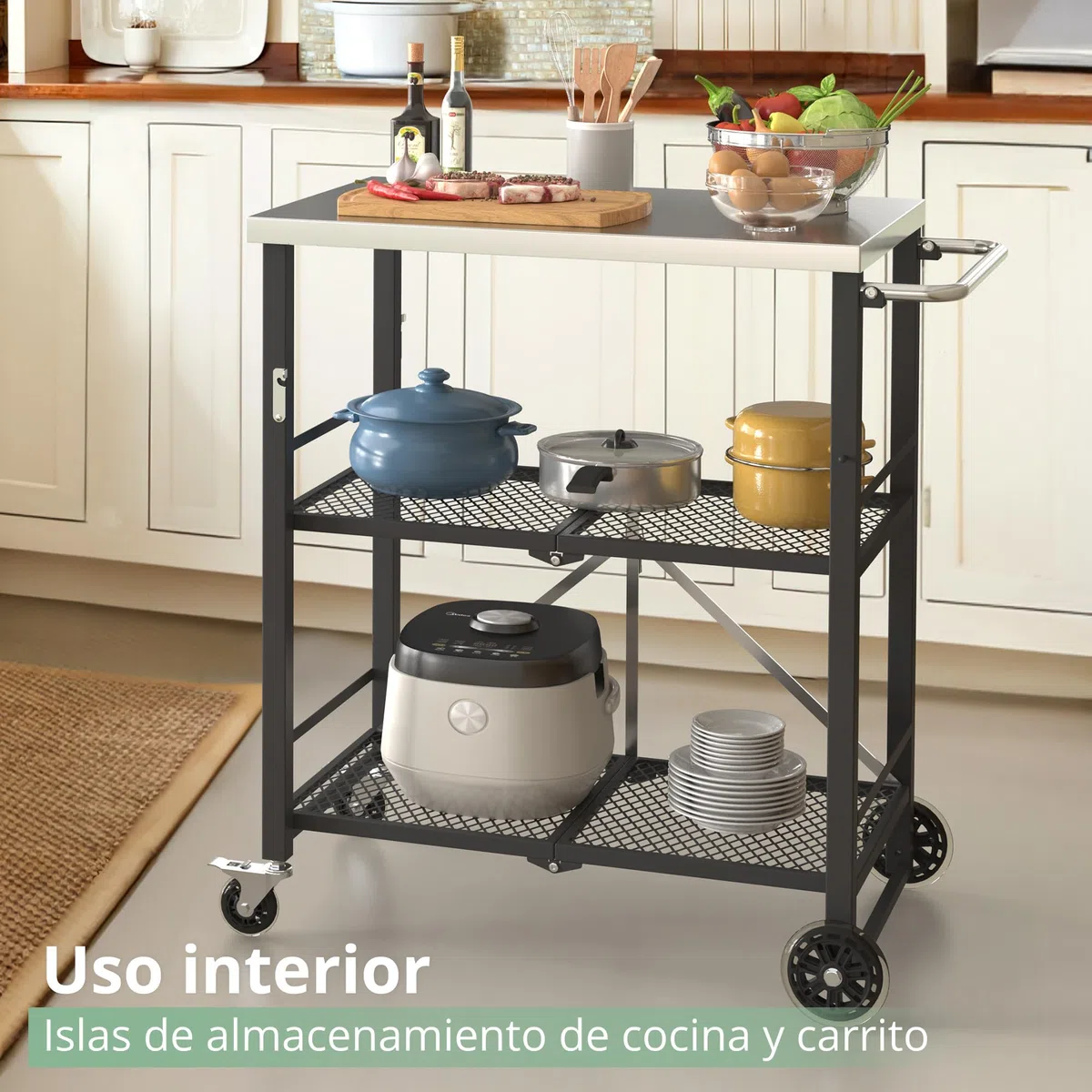LUE BONA Mesa de Barbacoa con 2 Niveles,Carro de Barbacoa con 4 Ruedas Cerradas,Postre Exterior para Barbacoa con Ganchos y Estante,Carrito de Comedor para Cocinas,Barbacoas,Fiestas,47x70x86 cm,Negro