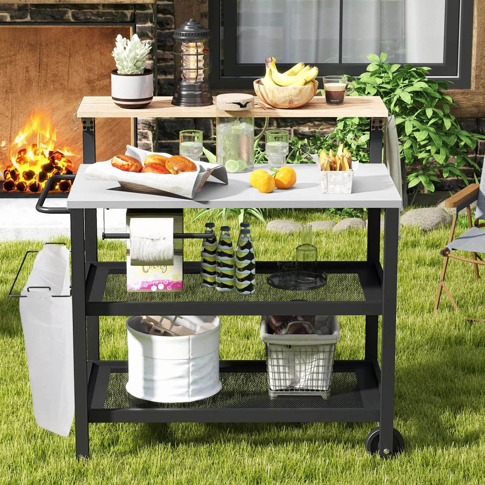 GIANTEX Carro de Cocina Multifuncional 4 Niveles, Carrito de Servicio con Tablero Plegable, Portarrollos de Pañuelos, Portabolsas y Ganchos, 2 Ruedas, Carro de Barbacoa para Patio, Balcón