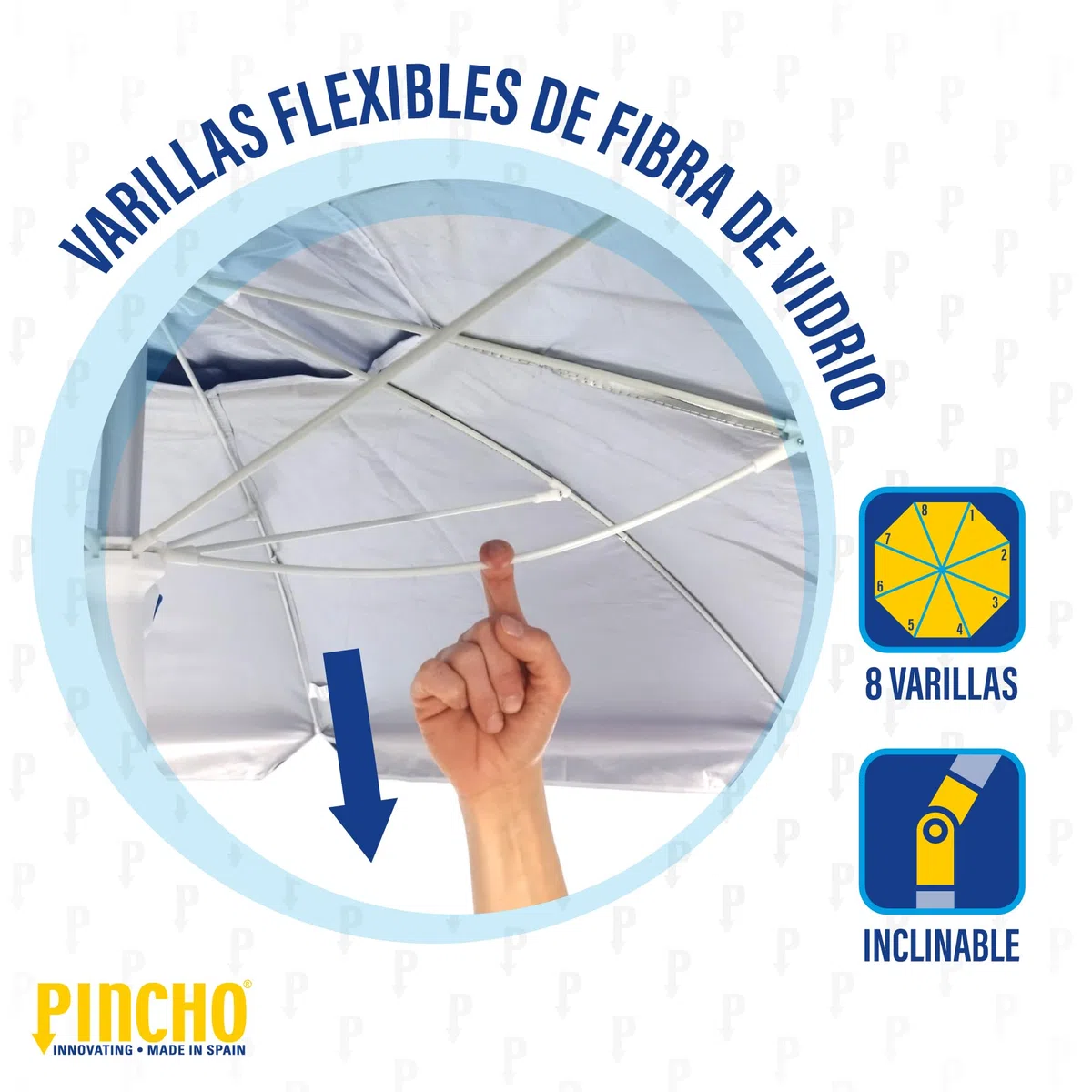 Pincho Sombrilla Playa Grande 240 cm de arco, Antiviento hasta 35km/h, Protección UV 50, Materiales de Calidad, 8 Varillas de Fibra de Vidrio, Palo reclinable