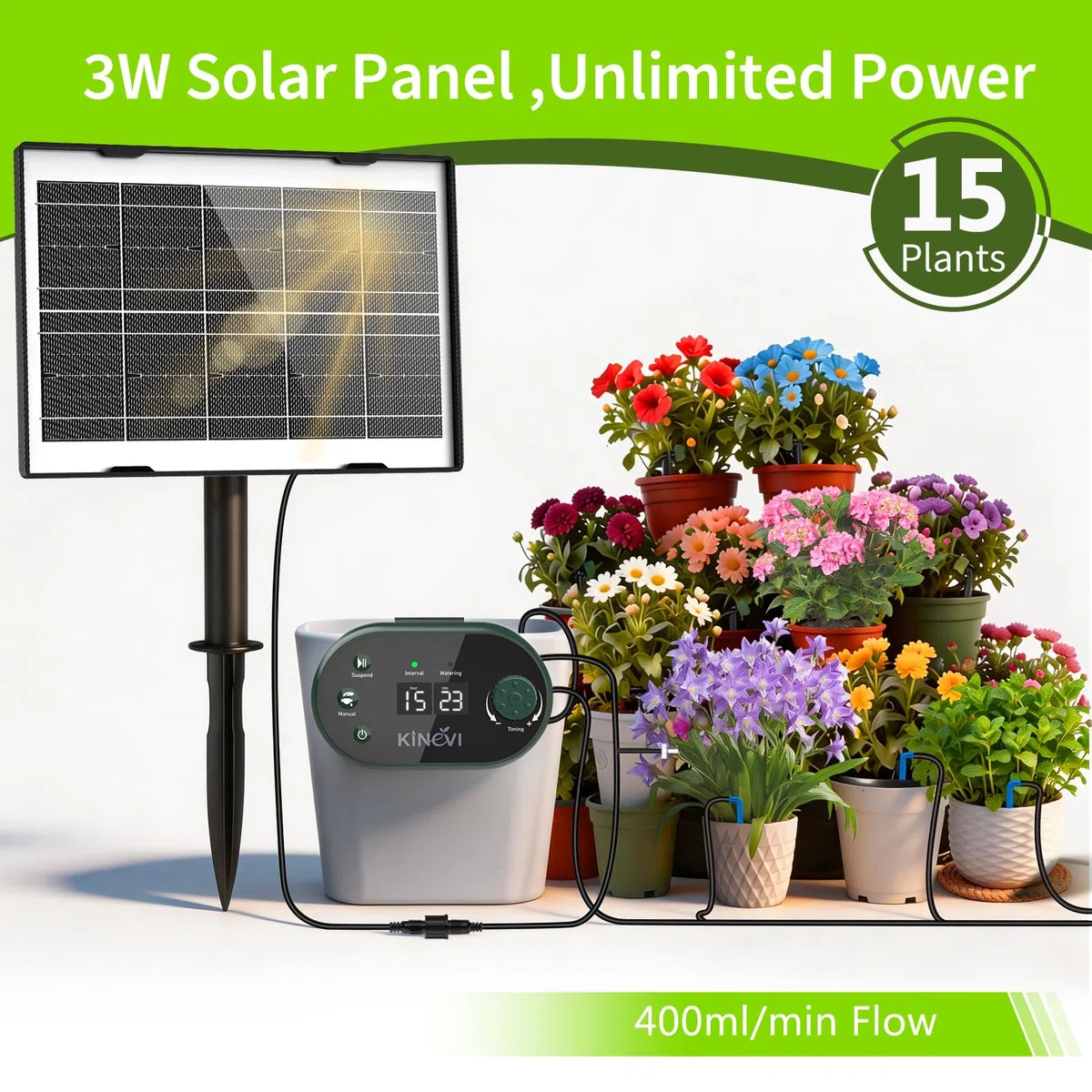 Sistema de Riego Solar para Jardín, Kit Riego Por Goteo Autorriego con 15 Micro Cabezales de Goteo, para jardín, plantas de interior y exterior, césped plantas en maceta balcón hortalizas y arbustos