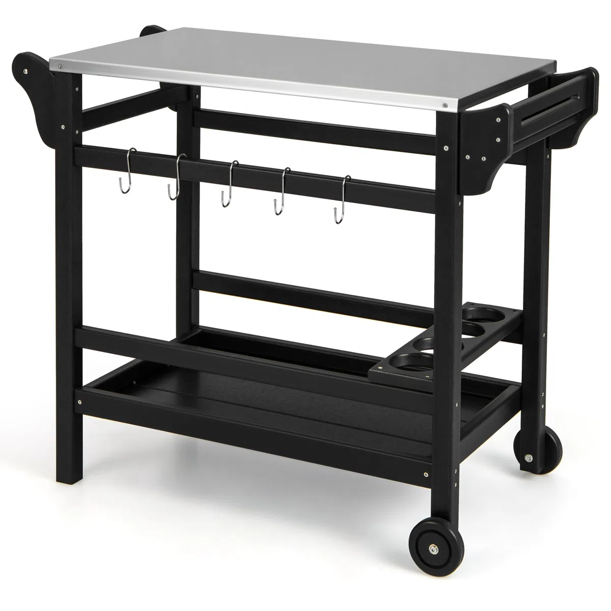 GYMAX Carro de Parrilla Móvil para Exteriores, Mesa de Trabajo de HDPE con Tablero de Acero Inoxidable, Estante, Estante para Vinos, Ganchos, Mesa Portátil para Parrilla para Barbacoa con Asa y Ruedas