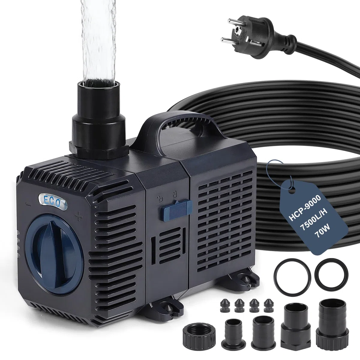 CPROSP Bomba para Estanques Exteriores 7500L/H - 70W, Altura de Elevación 8,5 m, Bomba de Agua con Cable de 5m, Caudal Regulable, para Filtro de Estanque de Jardín, Arroyo, Cascada