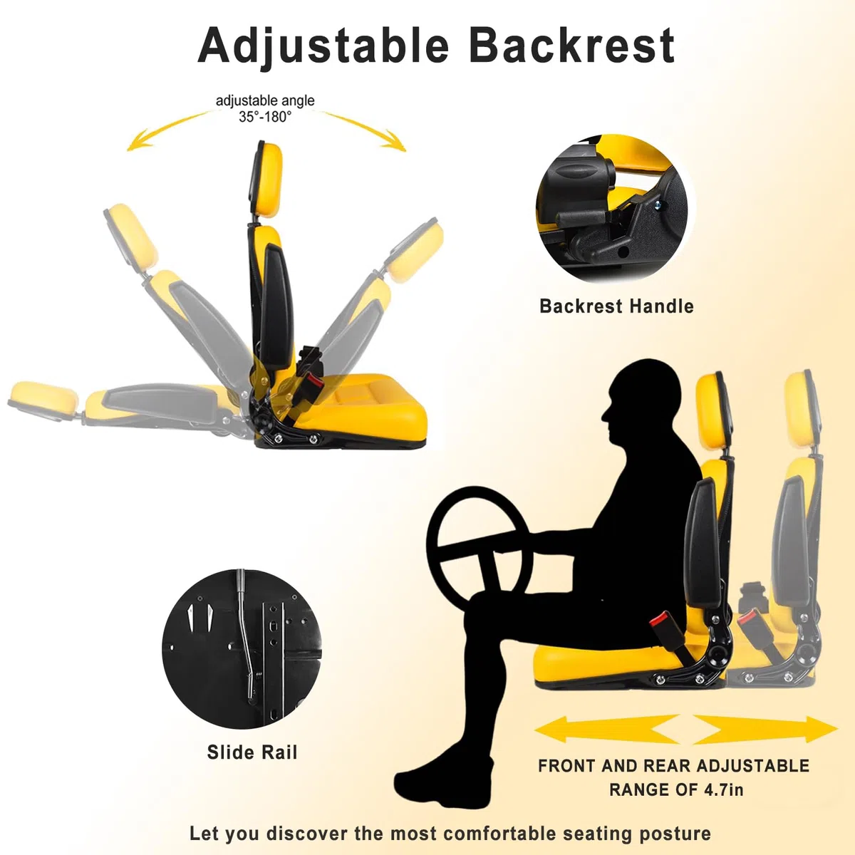 Asiento universal para carretilla elevadora con respaldo ajustable, asiento de tractor de PVC con cinturón de seguridad autorrebotante, asiento amarillo para cortacésped con reposabrazos para