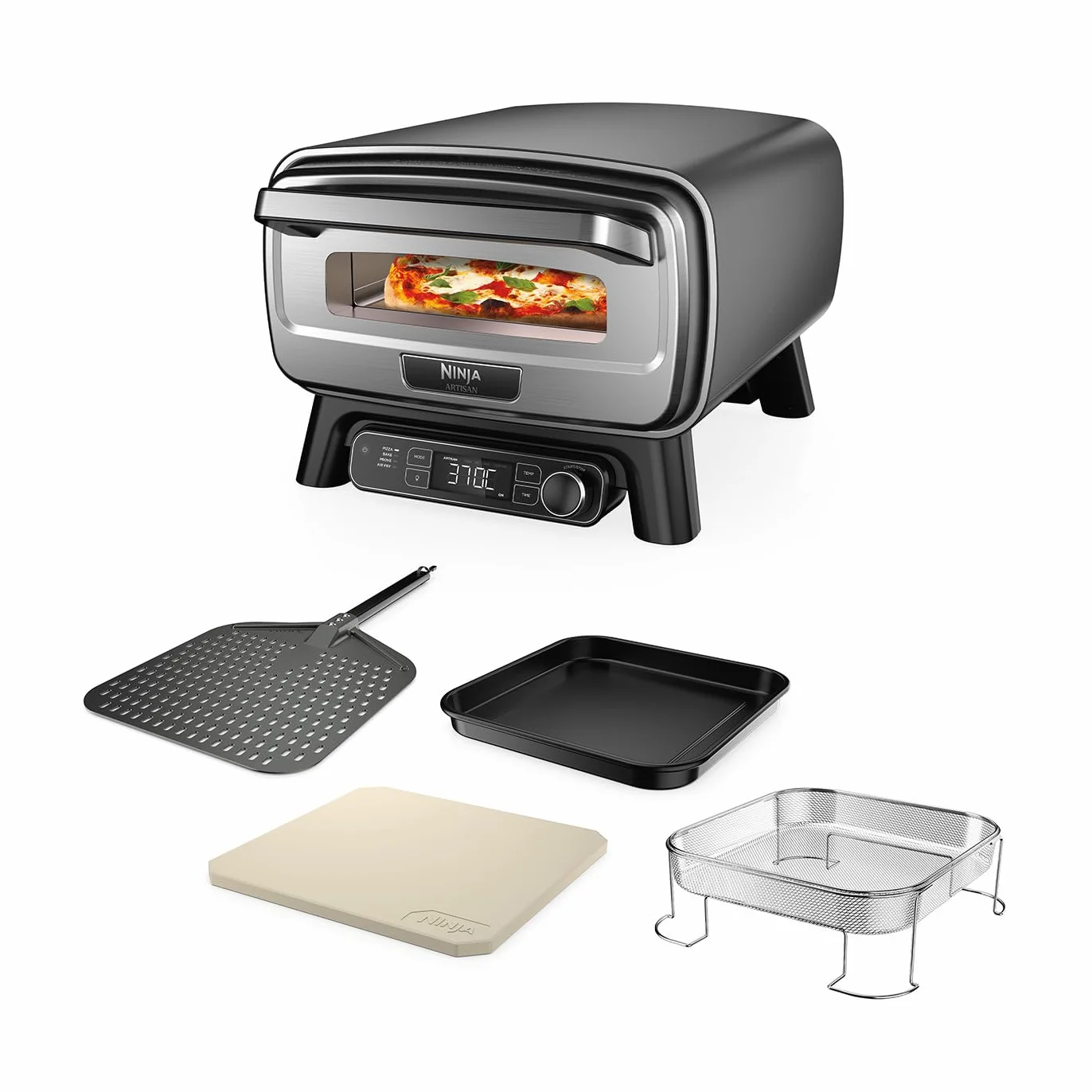 Ninja Artisan Horno air fry y pizza de exterior, 4 funciones: Pizza, Freír con aire, Hornear, Fermentar, 5 ajustes de pizza, Piedra de 30 cm, Pala, Bandeja, Cesta para freír con aire, Gris MO201EU