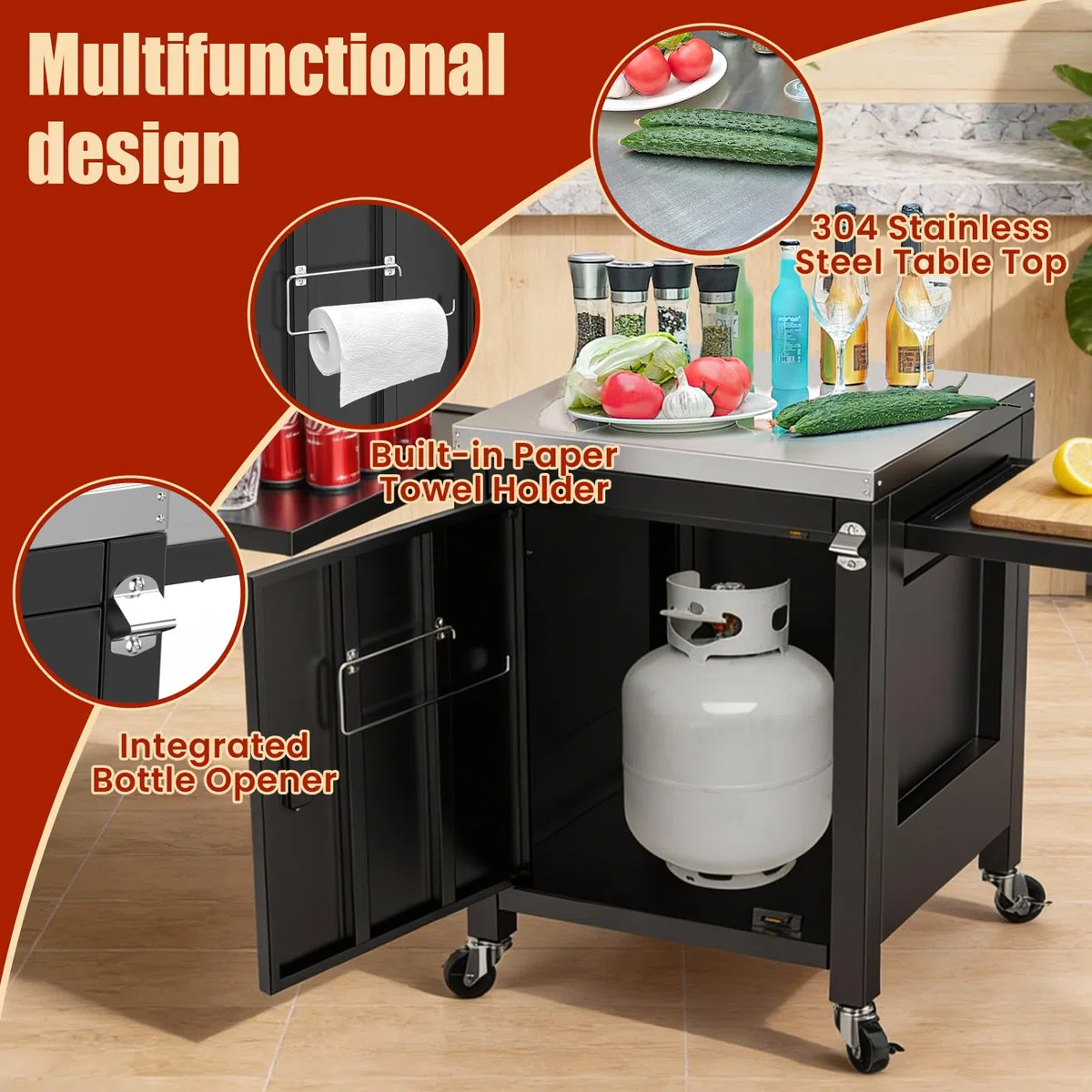 Denmay - Carro de cocina para exteriores con 2 mesas laterales plegables, carro de barbacoa portátil para hornos de pizza Onni, soporte de barbacoa para Ninja Woodfire y Weber Q Series