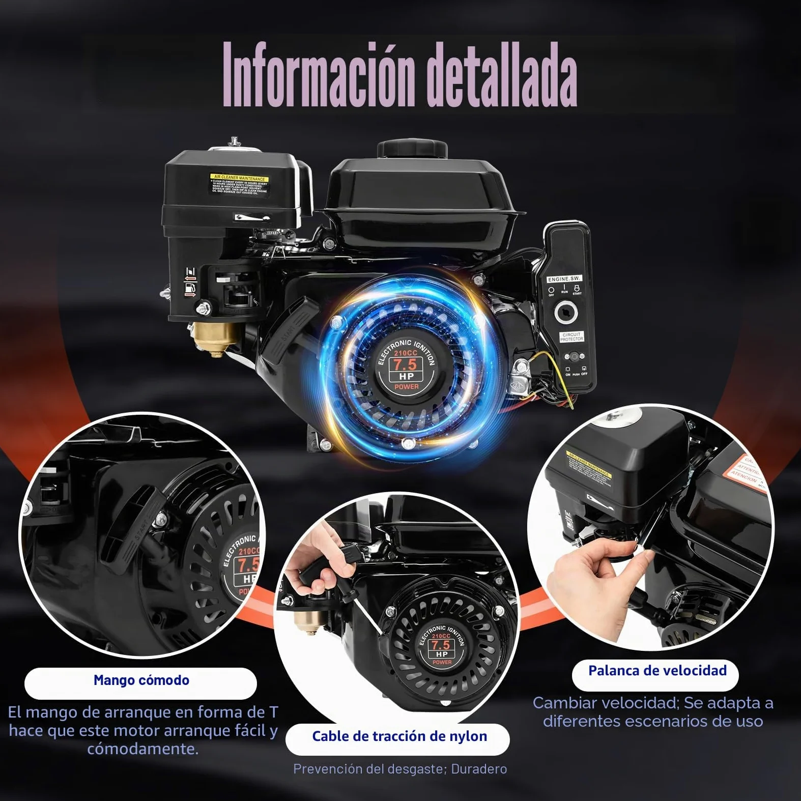 Motor de gasolina de 4 tiempos con 7,5 CV, arranque eléctrico, karting 212 cc, arranque de tracción