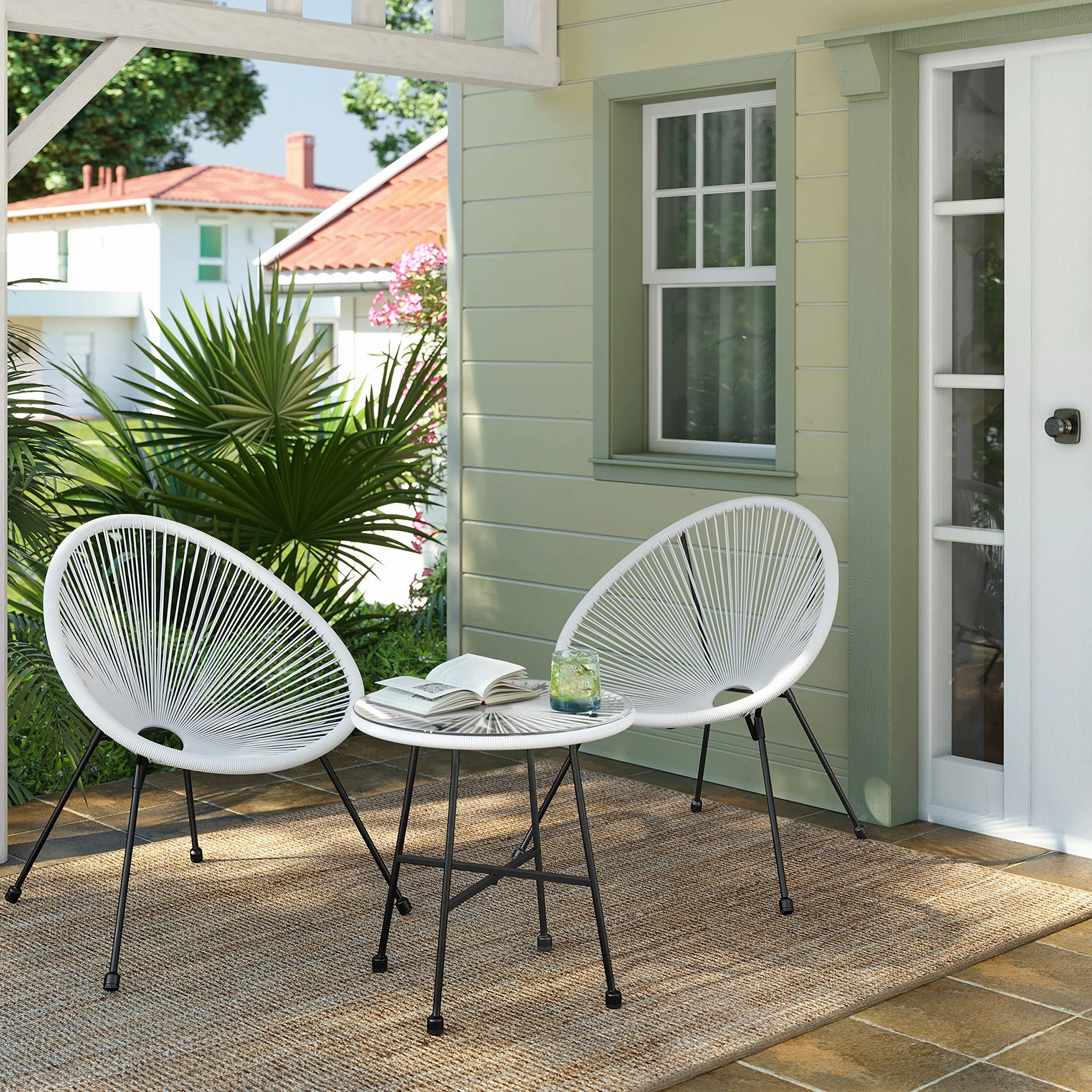 SONGMICS Conjunto de Muebles de Jardín, 3 Piezas, Silla Acapulco, Asientos de Exterior, Mesa con Tapa de Cristal y 2 Sillas, Conjunto Mueble de Interior y Exterior, Blanco GGF013W02