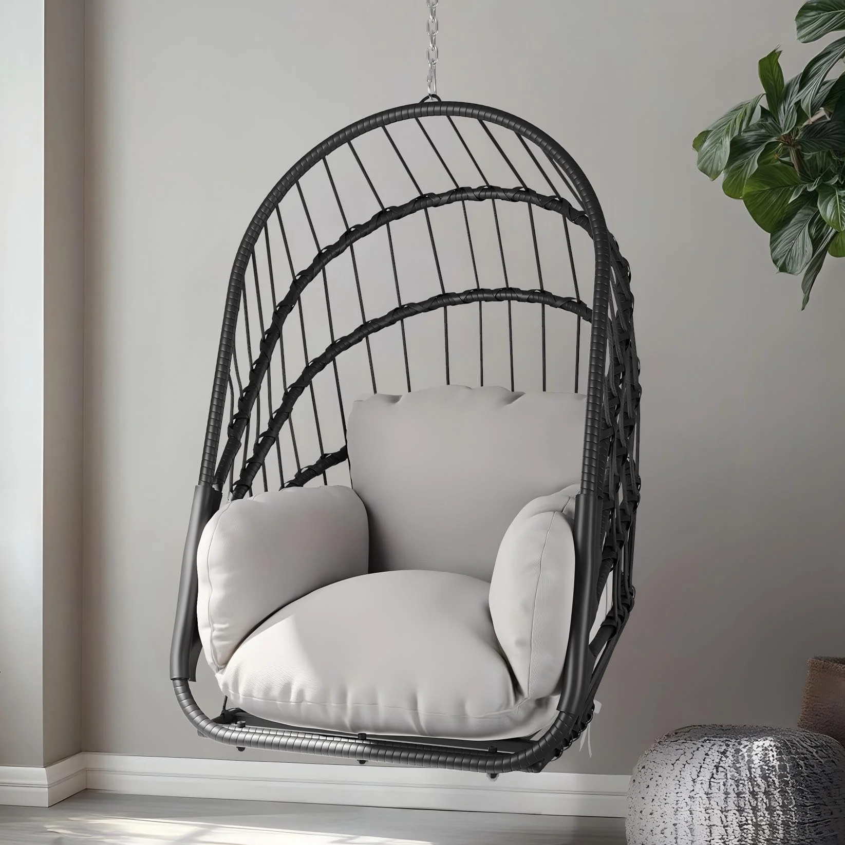YITAHOME Hamaca colgante sin estructura, mecedora de ratán con cojín lavable, capacidad de carga de 160 kg, silla colgante plegable para terraza, jardín, dormitorio y balcón, color gris