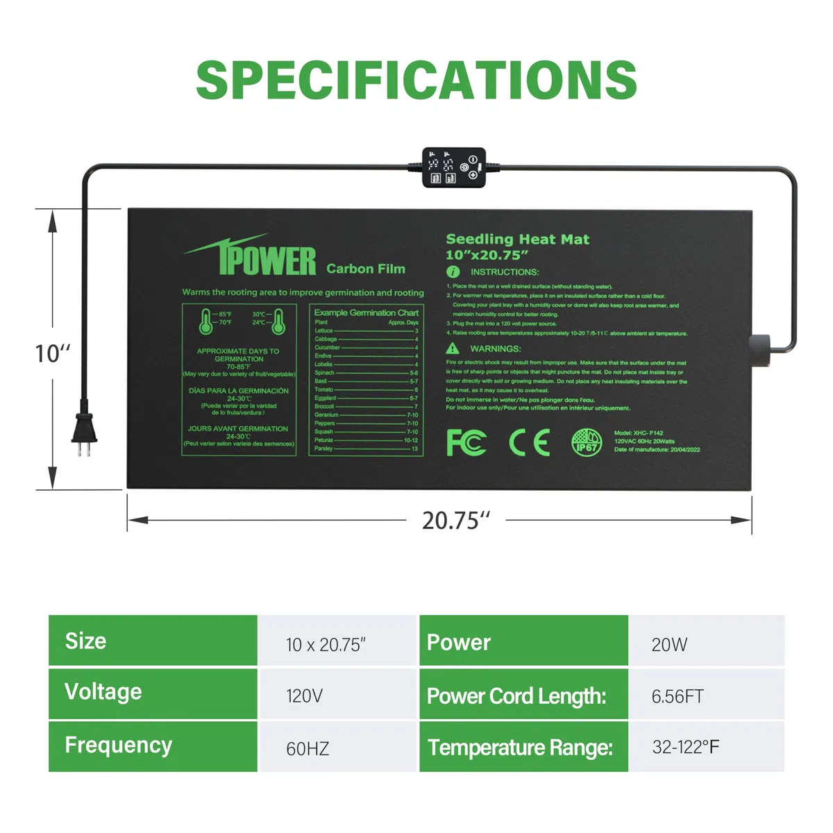 iPower Tapete para plántulas para Plantas con Controlador de Temperatura Digital Dual, 10 x 20.7 Pulgadas, Color Negro