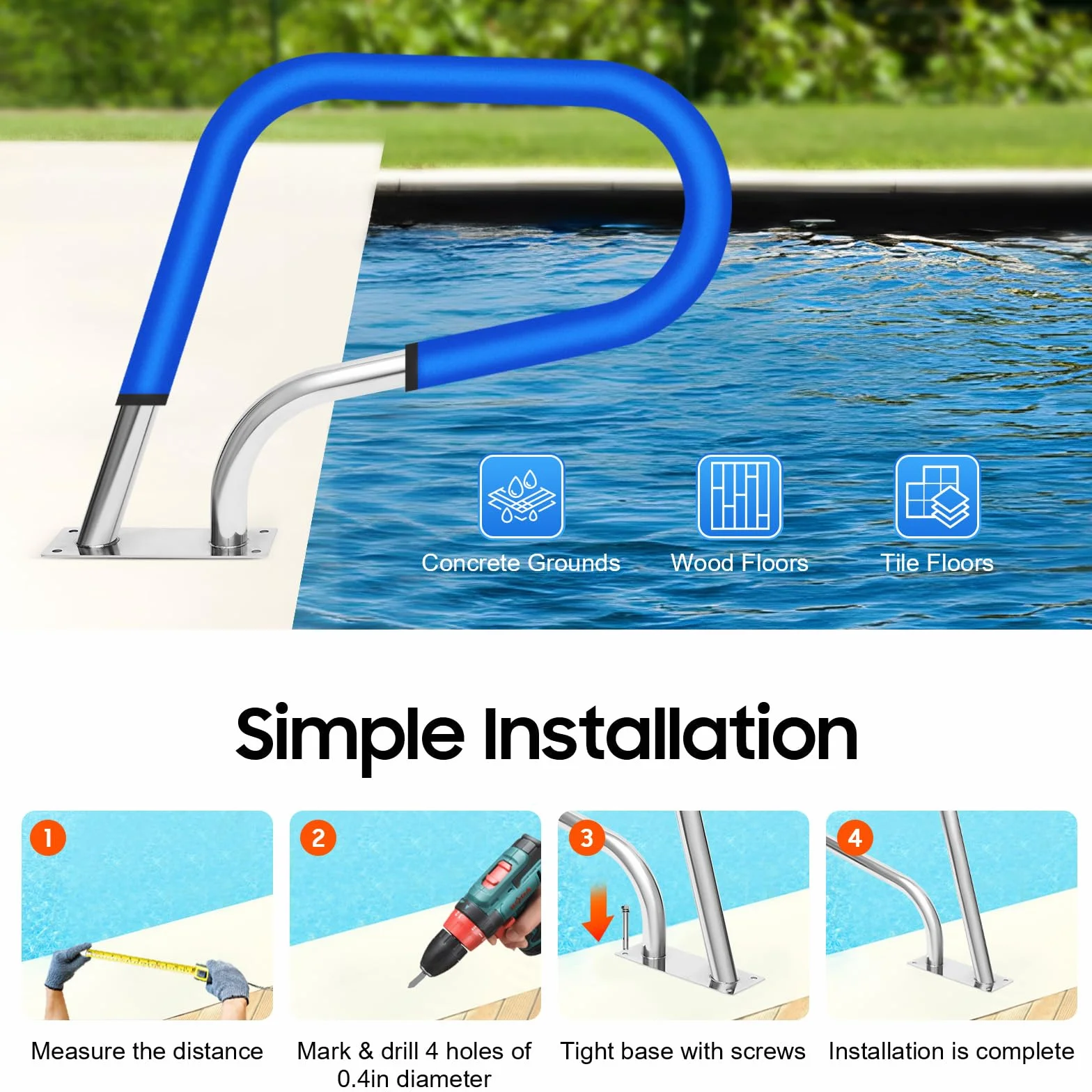 Pasamanos de acero inoxidable para piscina, 81 x 58 cm, con cubierta de asa, ayuda a la entrada de acero inoxidable para piscinas, piscinas, spas, parques acuáticos