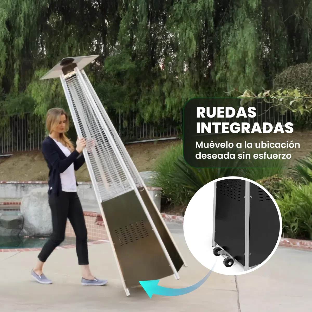 BU-KO Calentador Patio a Gas para Exterior | Jardín, Terraza, Barbacoa | Estufa Piramidal al Propano - 13kw | Ruedas, Regulador y Manguera | Chimenea Acero Inoxidable para LPG & Cubierta Impermeable