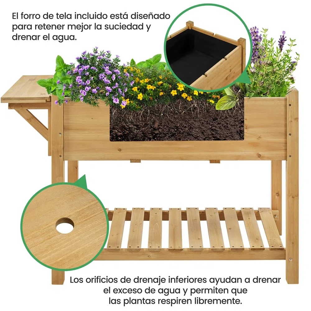 Yaheetech Huerto Urbano con Estante 123,5x54x80cm Macetero Jardinera Elevada de Madera Abeto con Rejillas de Cultivo Extraíbles y Forro Interior de Tela para Jardín/Terraza/Balcón Marrón Claro