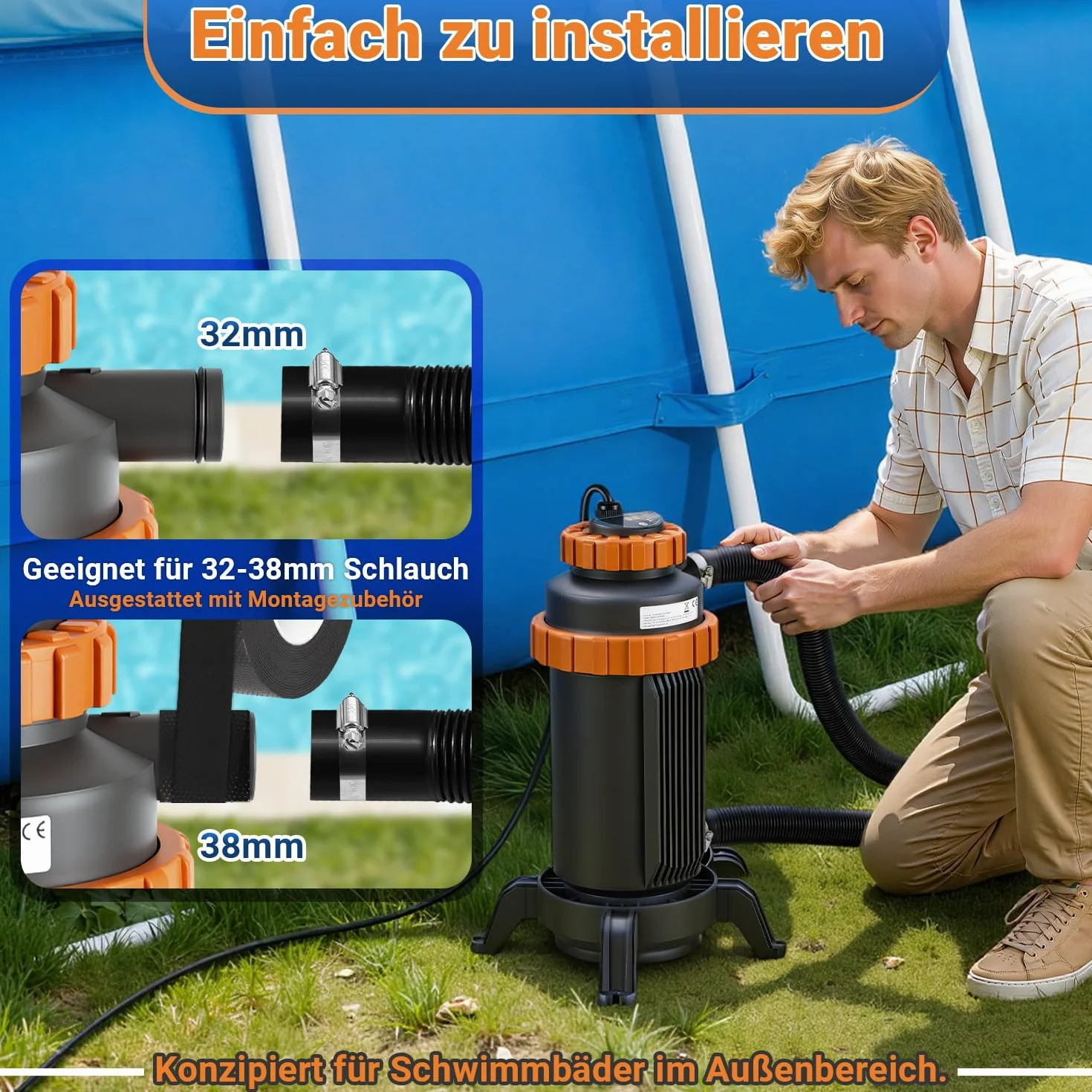 Calentador eléctrico para piscinas, diámetro de 29 x 42 cm, calefacción de piscina, calefacción de piscina, eléctrica para la mayoría de las piscinas pequeñas, protección contra fugas