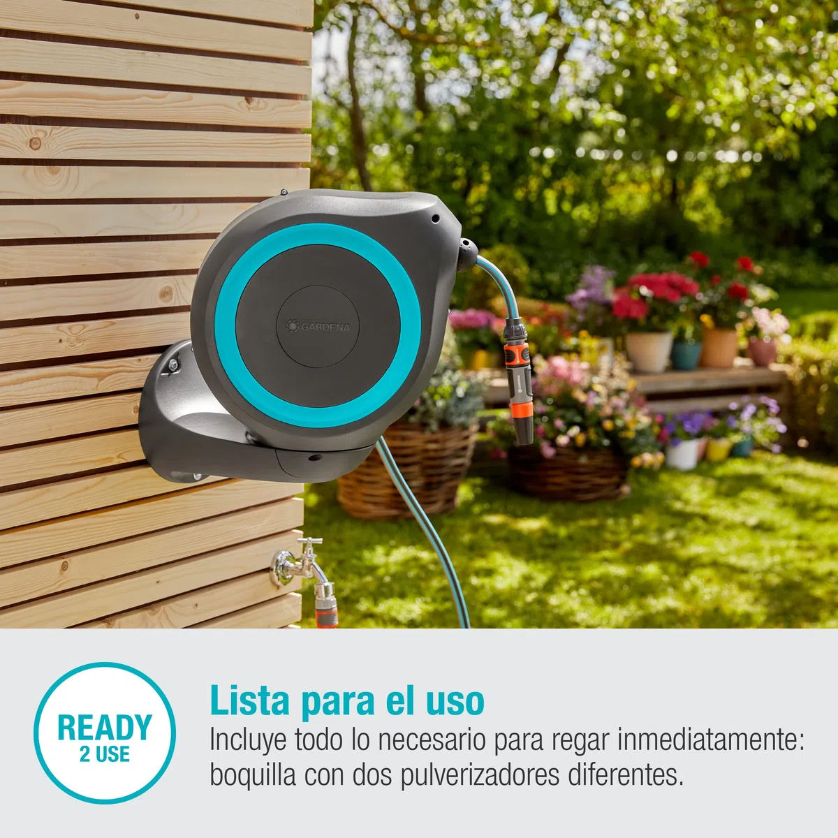 Gardena Carrete de Manguera Rollup S (Turquesa) de 15 M: Riego Flexible Jardines Pequeños, Tambor Giratorio, Soporte Pared, Piezas de Sistema y Aspersor, (18600-20)