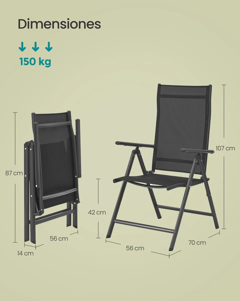 SONGMICS - Silla de jardín Plegable, Juego de 2, Asiento al Aire Libre, Marco de Metal, Respaldo Ajustable en 8 Posiciones, Capacidad de Carga 150 kg, Negro GCB29BK