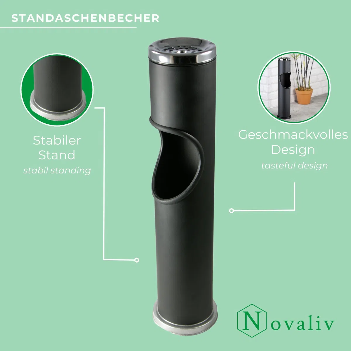 Novaliv 2 ceniceros de pie para exteriores, color negro, 46,5 cm de alto, 9,5 cm de diámetro, 2 en 1 para residuos de basura y cigarrillos, para exteriores, cubo de basura con cenicero, soporte para