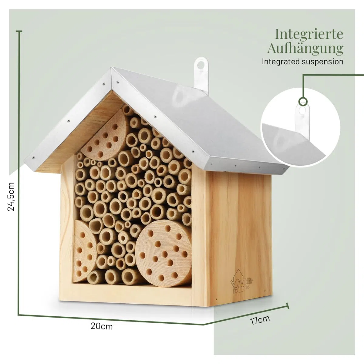 WILDLIFE HOME Hotel de abejas con techo de metal, hotel de insectos de abejas silvestres, ya montado de madera de pino y 100% resistente a la intemperie, sin tratar, hotel de insectos, ayuda para