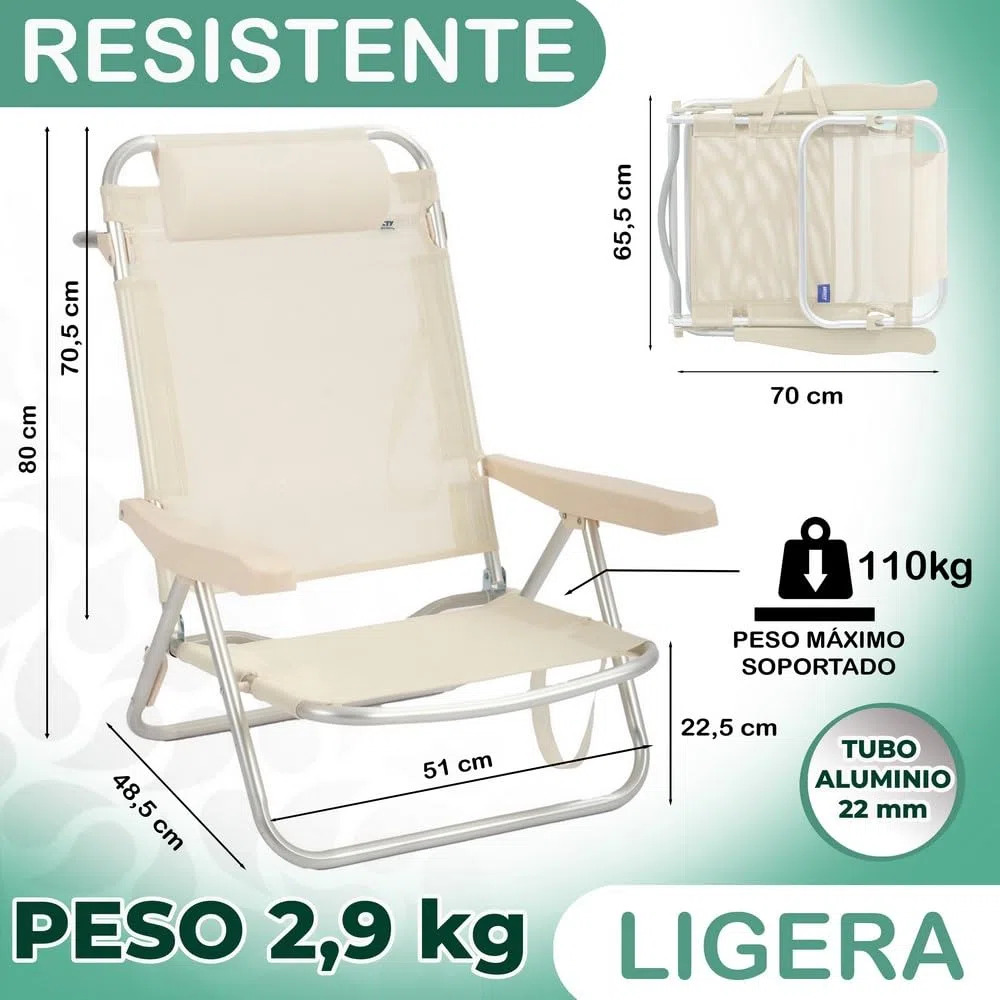 MONTY Silla de 4 Posiciones con Cojin en Color Beige. Fabricada en Aluminio y Textileno. Medidas 61 x 47 x 80 cm. Tubo de 22 mm de Grosor. Muy Comoda e Ideal para Dias de Playa.