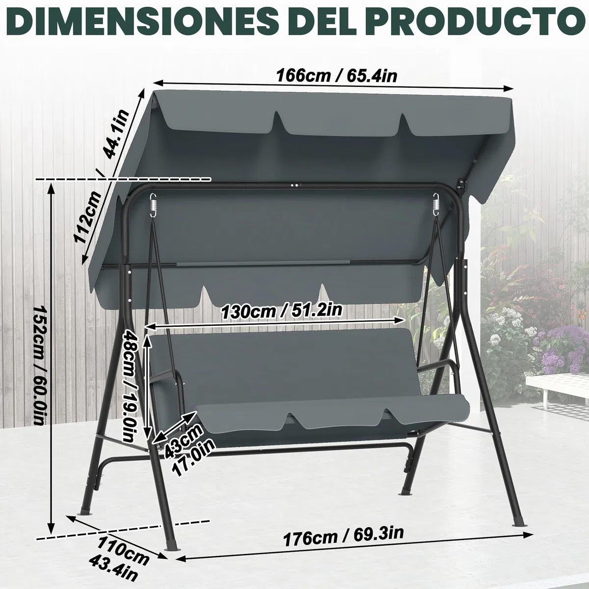 176x110x152cm columpio Hollywood de jardín con toldo y cojín de asiento y marco de acero, banco balancín de jardín de 3 plazas, capacidad de carga hasta 200KG, banco balancín tumbona de jardín