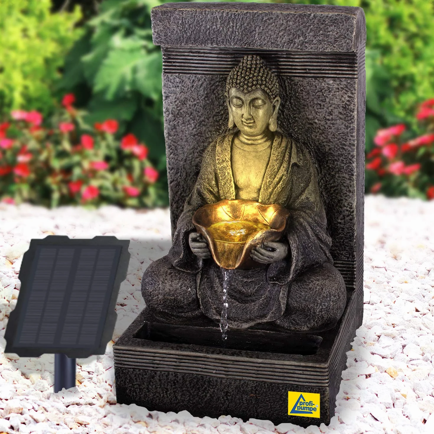 Fuente para Jardin Fuente de Agua Fuente de Tranquilidad Buda Fuente con iluminacion para Jardin, terraza, Balcon con Bomba, iluminacion Solar, bateria de Iones de Litio y luz LED