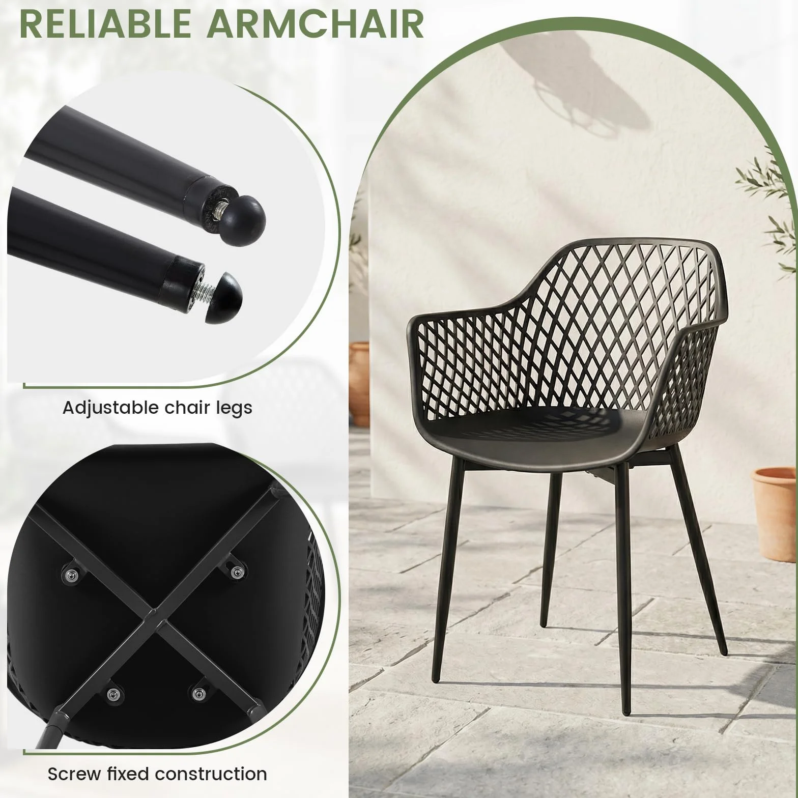 buybyroom Sillas Terraza Exterior, Juego de 6 Sillas Jardin Exterior con Reposabrazos, Patas de Metal y Respaldo de Plástico Ergonómico, para Jardín,Terraza,Balcón,Reuniones,Salón,Comedor,Negras