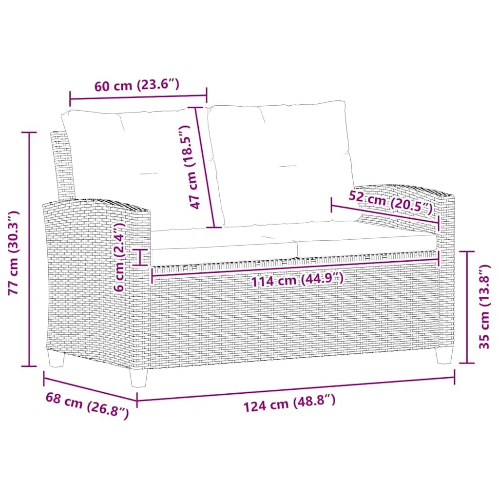 vidaXL Sofá de Jardín 2 Plazas y Cojines Asiento Patio Piscina Balcón Tumbona Salón al Aire Libre Exterior Cómodo Ratán Sintético Negro 124 cm