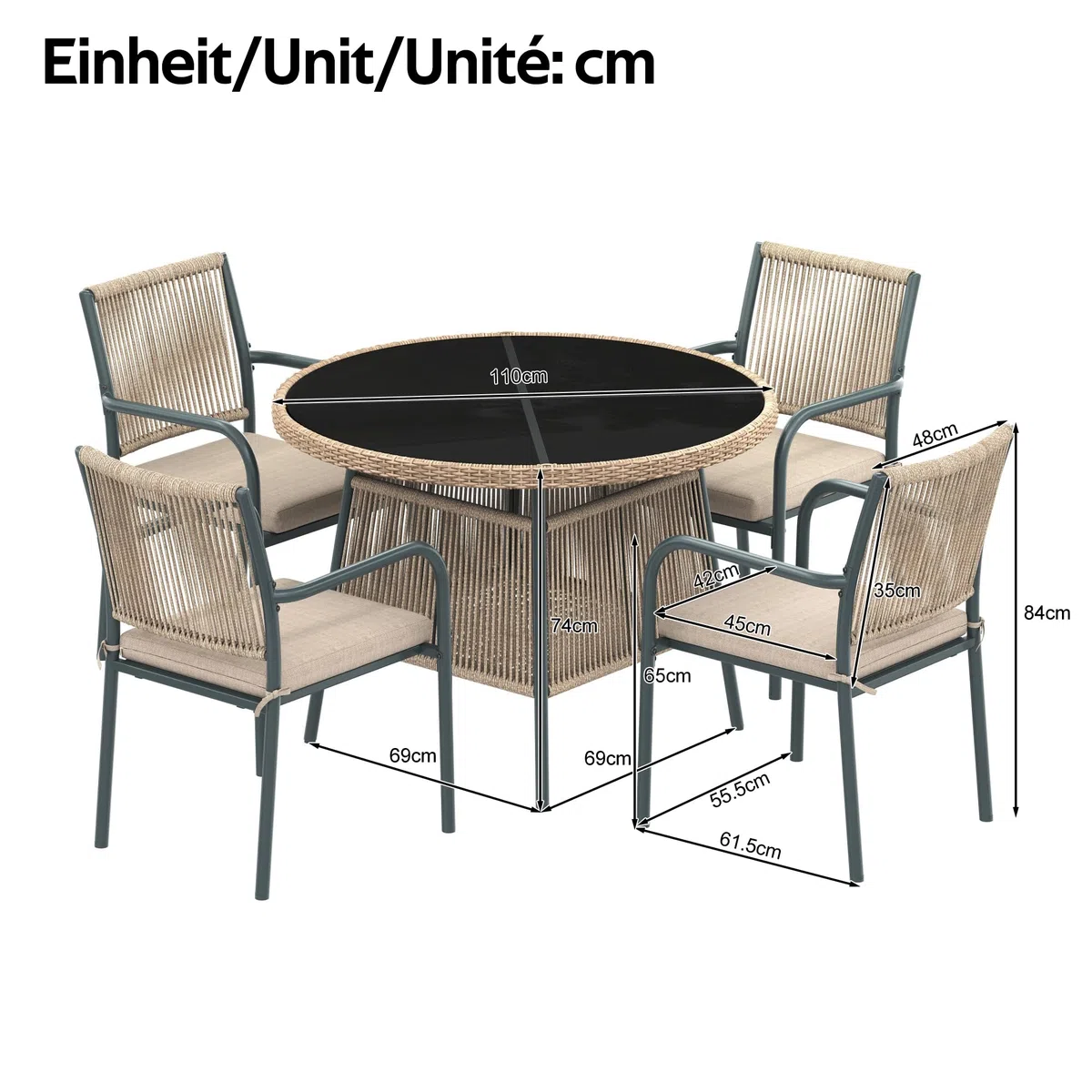 Conjunto Mesa y Sillas Jardín Ratán PE 5 Piezas, Conjunto Jardin Exterior con 1 Mesa de Comedor Redonda y 4 Sillones, Mesa y Sillas Terraza Exterior con Cojines, Marco Metálico, Gris