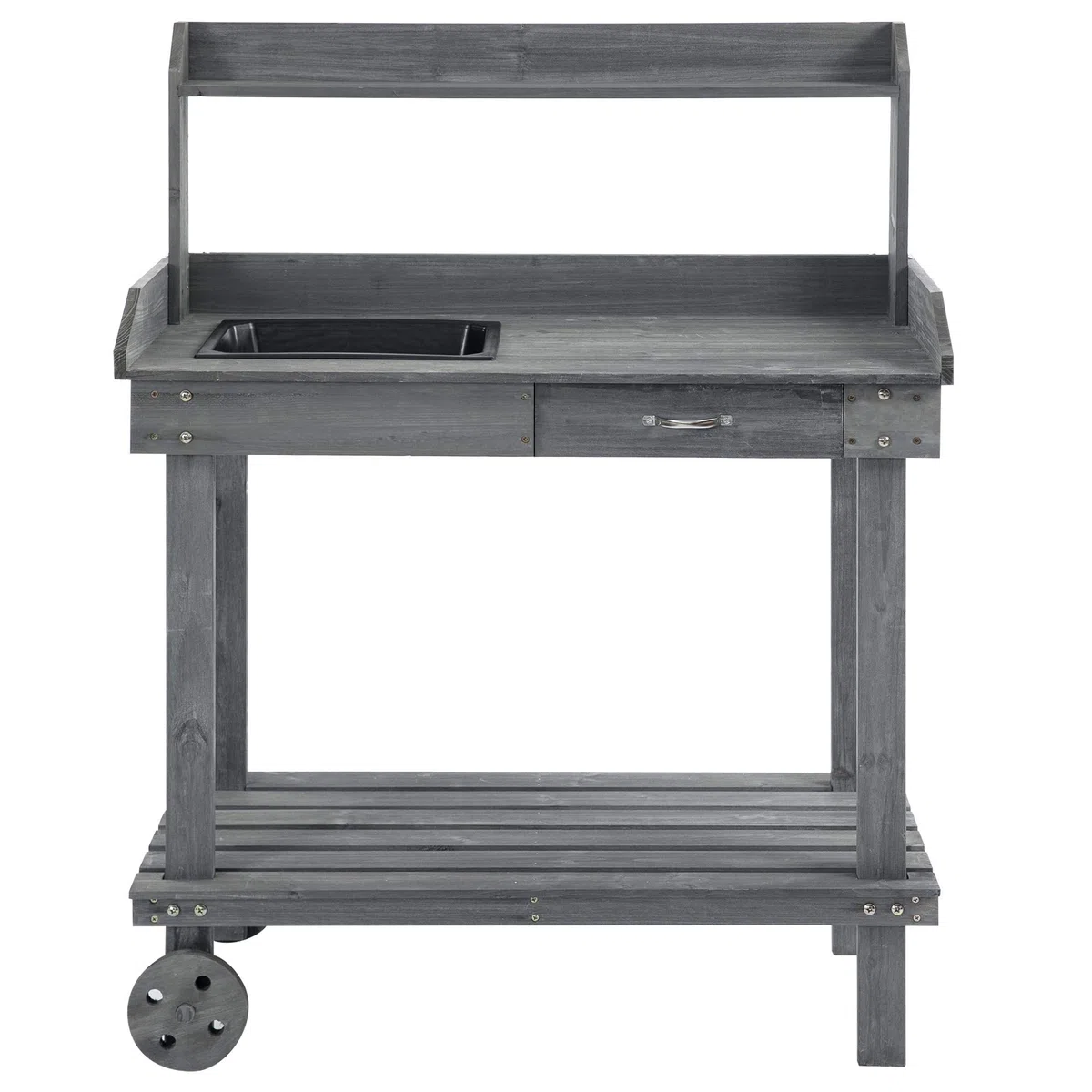 Outsunny Mesa de jardín con cajón de 2 Niveles, con Lavabo y Ruedas, Madera de Abeto Gris, 92 x 45 x 119 cm
