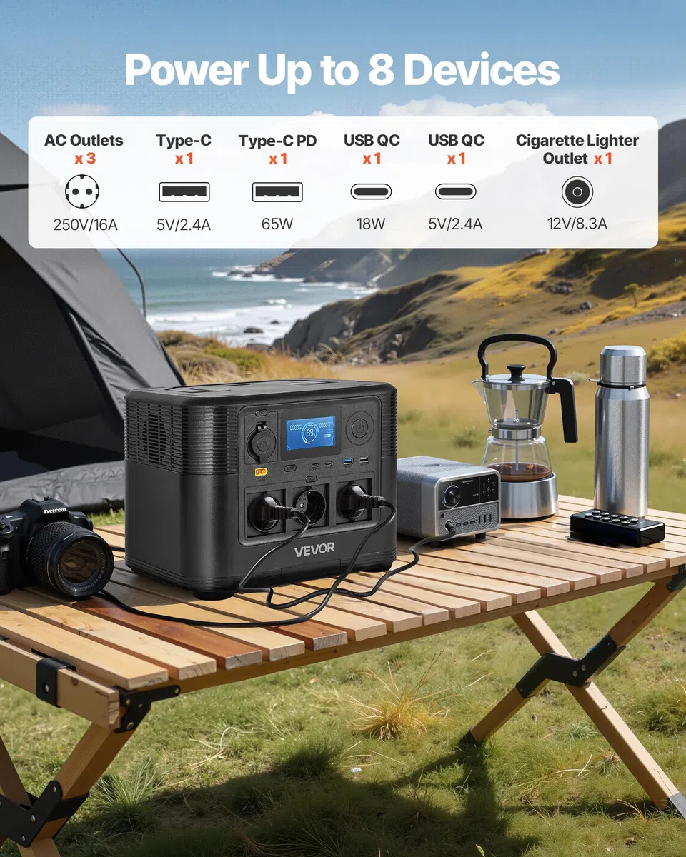 VEVOR Estación de Energía Portátil 1800 W, Generador de Energía Batería de Respaldo LiFePO4 1008 WH, con 8 Puertos de Salida para Hogar, Campamentos, Viajes en Autocaravana, Panel Solar No Incluido