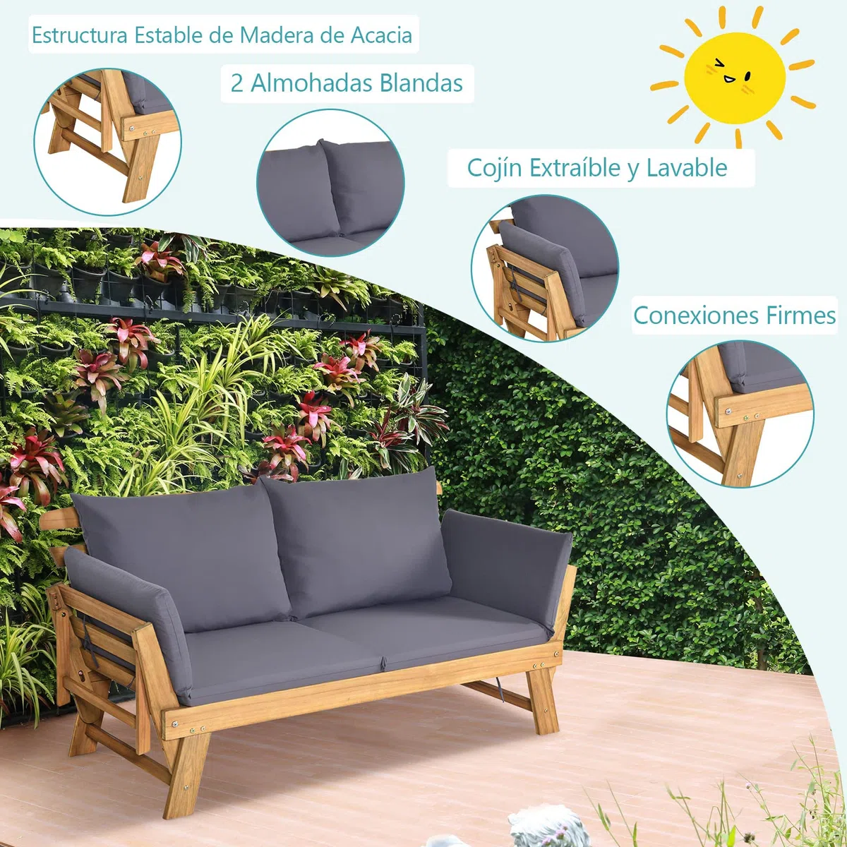 COSTWAY 3 en 1 Sofa Cama de Jardín, Banco de Jardín de 2 Plazas Convertible con 2 Almohadas y Cojin Extraible y Lavable, Reposabrazos Ajustables, Sofa Jardin de Madera Acacia para Patio, Máx 320 kg
