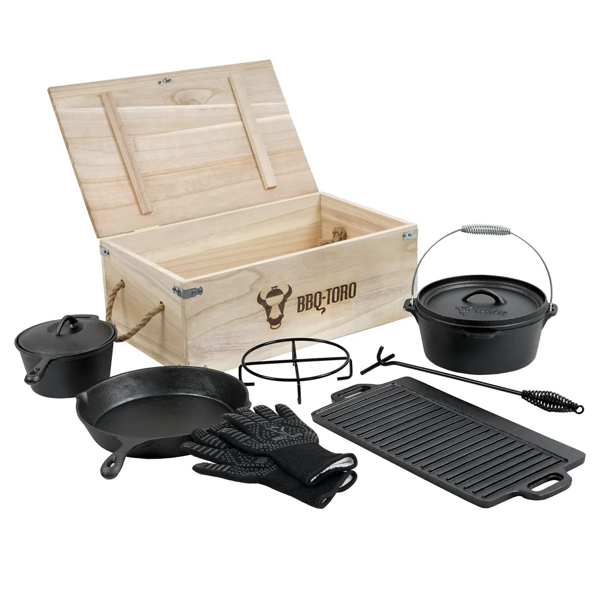 BBQ-Toro Juego de Horno Holandés Hierro Fundido | 8 Piezas | Curado - Pre-Seasoned | con Dutch Oven, Cacerola, Plancha, Sartén, Levantador de Tapa, Soporte, Caja de Madera, Guantes