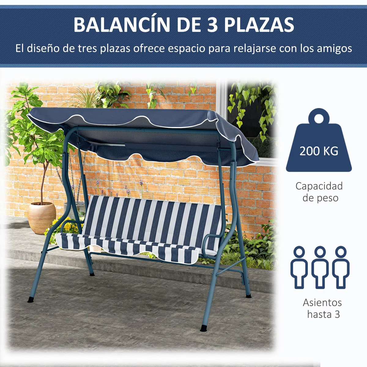 Outsunny Columpio de Jardín de 2-3 Plazas, Balancín de Exterior con Toldo Ajustable en Ángulo, Impermeable y Marco de Acero, para Patio, Balcón, 170x110x153 cm, Azul