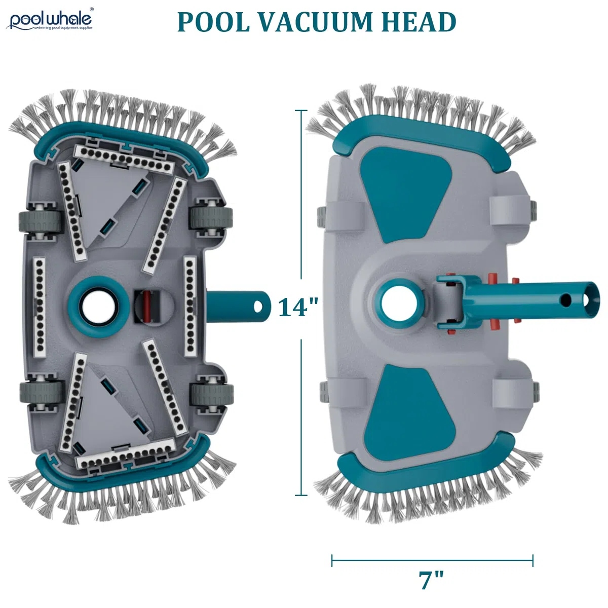 Cabezal de aspiradora rectangular con peso actualizado con cerdas laterales de nailon, conexión de manguera giratoria. Conecta manguera de 1-1/4 pulgadas, 1-1/2 pulgadas para piscinas enterradas y